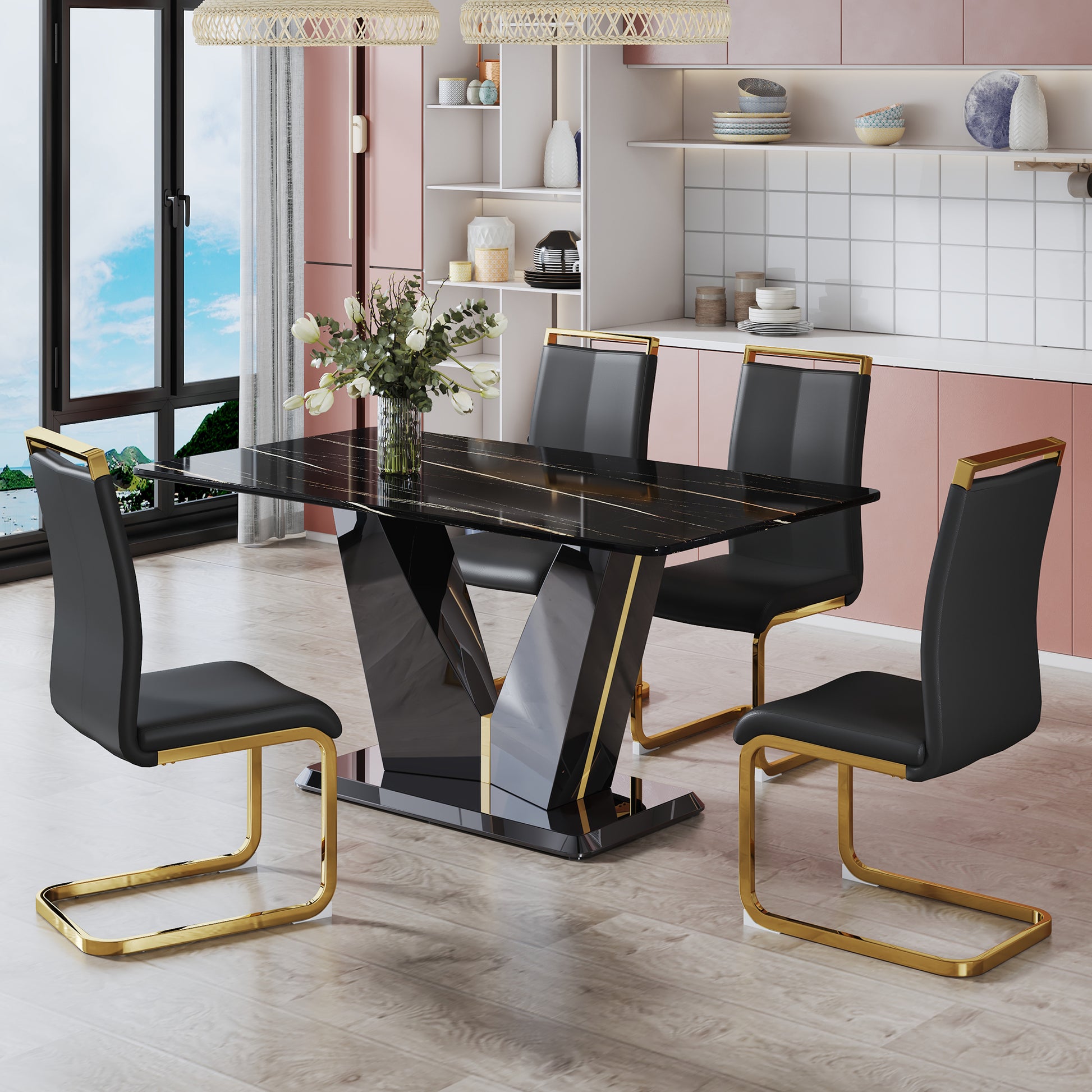 Table And Chair Set,Modern Minimalist Rectangular Dining Table, 0.4 Inch Thick, With A Black Imitation Marble Pattern Glass Desktop And Black Mdf Legs. Comfortable Pu Seats,Perfect For Dinner, Meet Black Seats 4 Mdf Glass