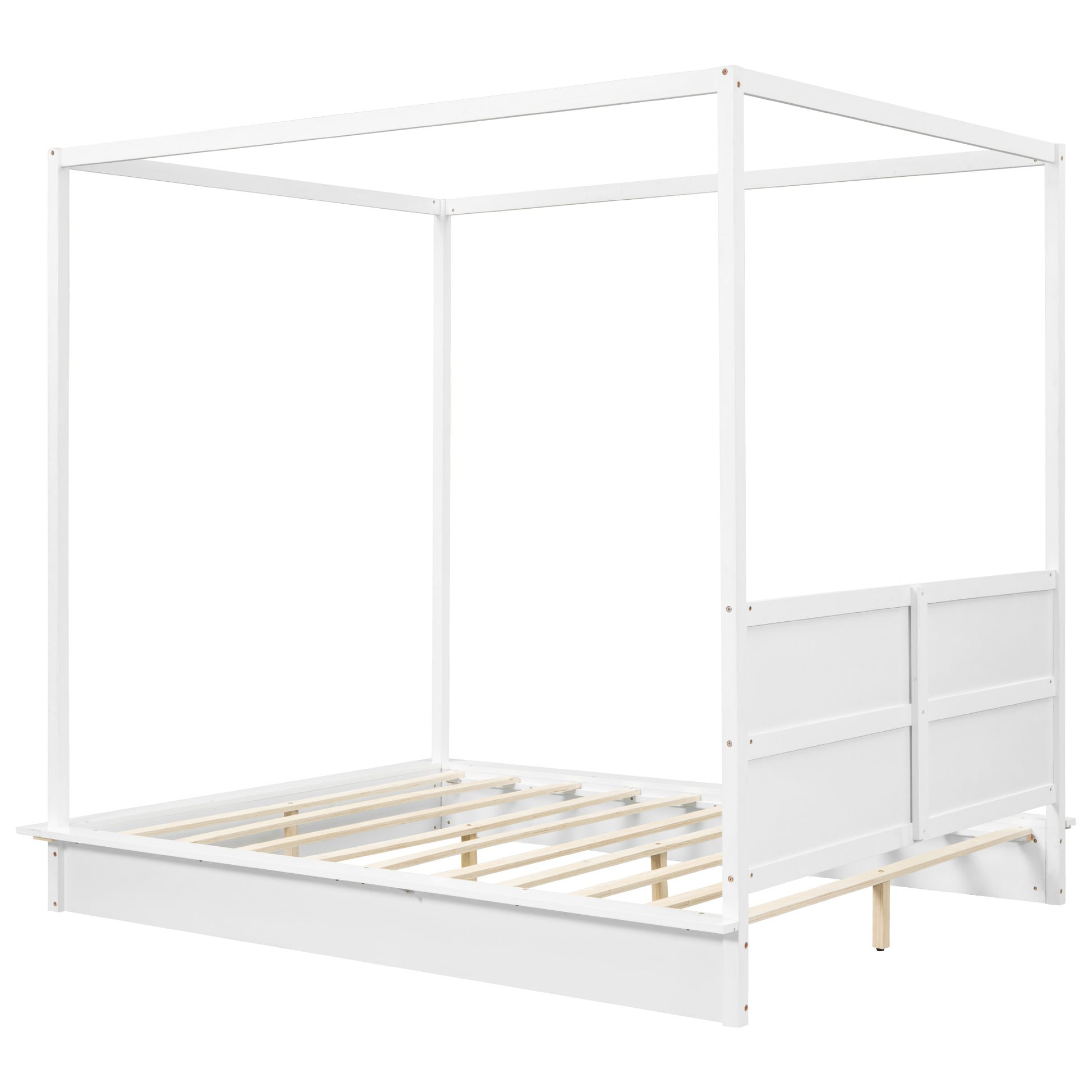 Queen Size Wood Led Canopy Bed ,Canopy Platform Bed With Support Slats, No Box Spring Needed, White Queen White Plywood