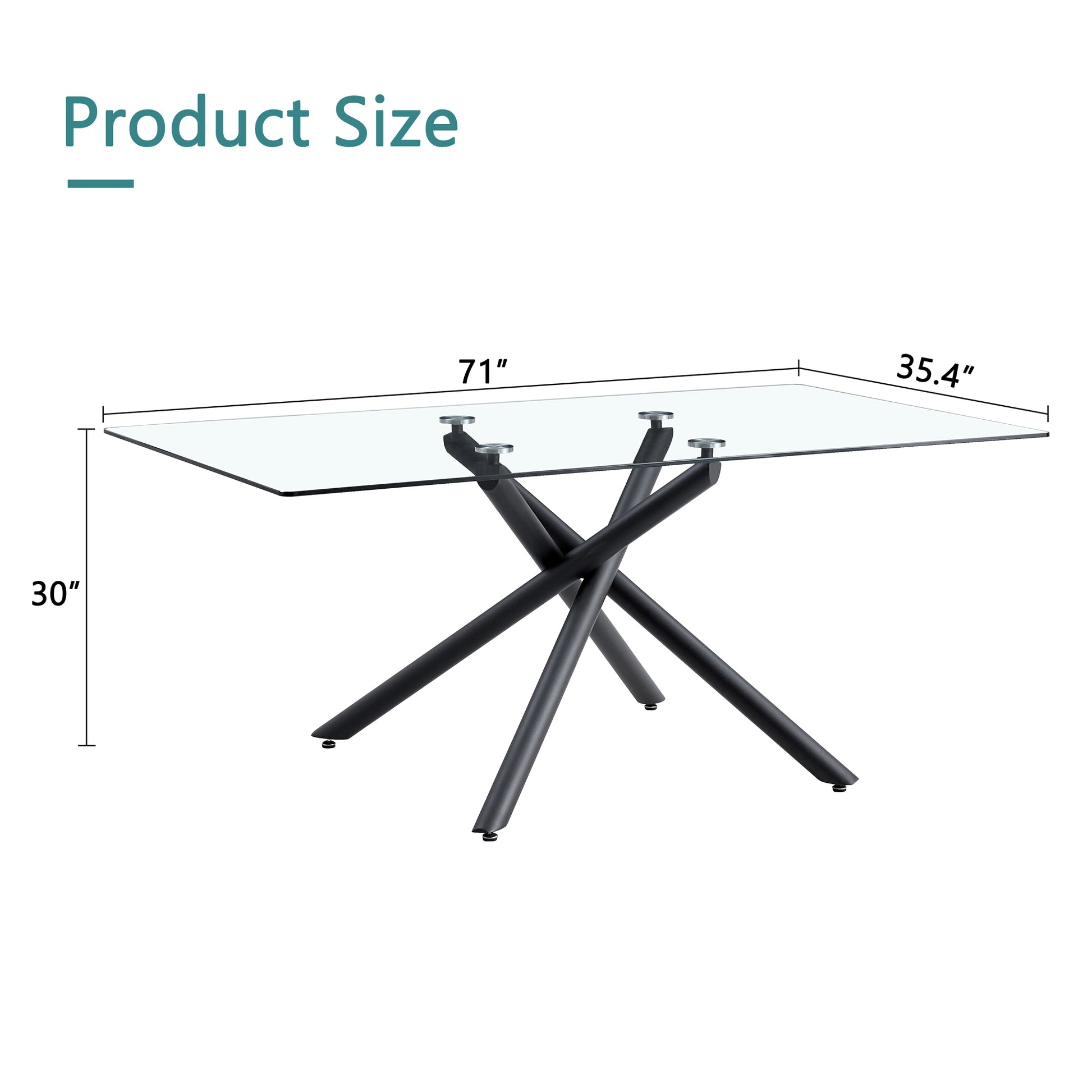 Large Modern Minimalist Rectangular Glass Dining Table For 6 8 With 0.39" Tempered Glass Tabletop And Black Color Metal Legs, For Kitchen Dining Living Meeting Room Banquet Hall Black Glass