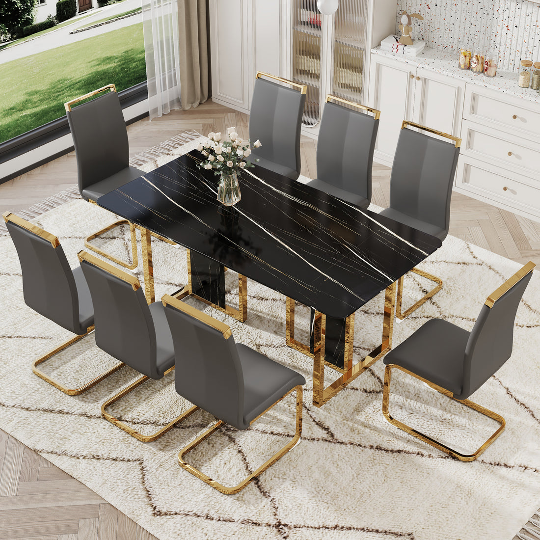 Table And Chair Set. Modern Dining Table With Mdf Top And Beautiful Mdf Legs. Equipped With Comfortable Pu Chairs And Metal Legs. Suitable For A Wide Range Of Decorative Styles. Black,Gray Seats 8 Mdf