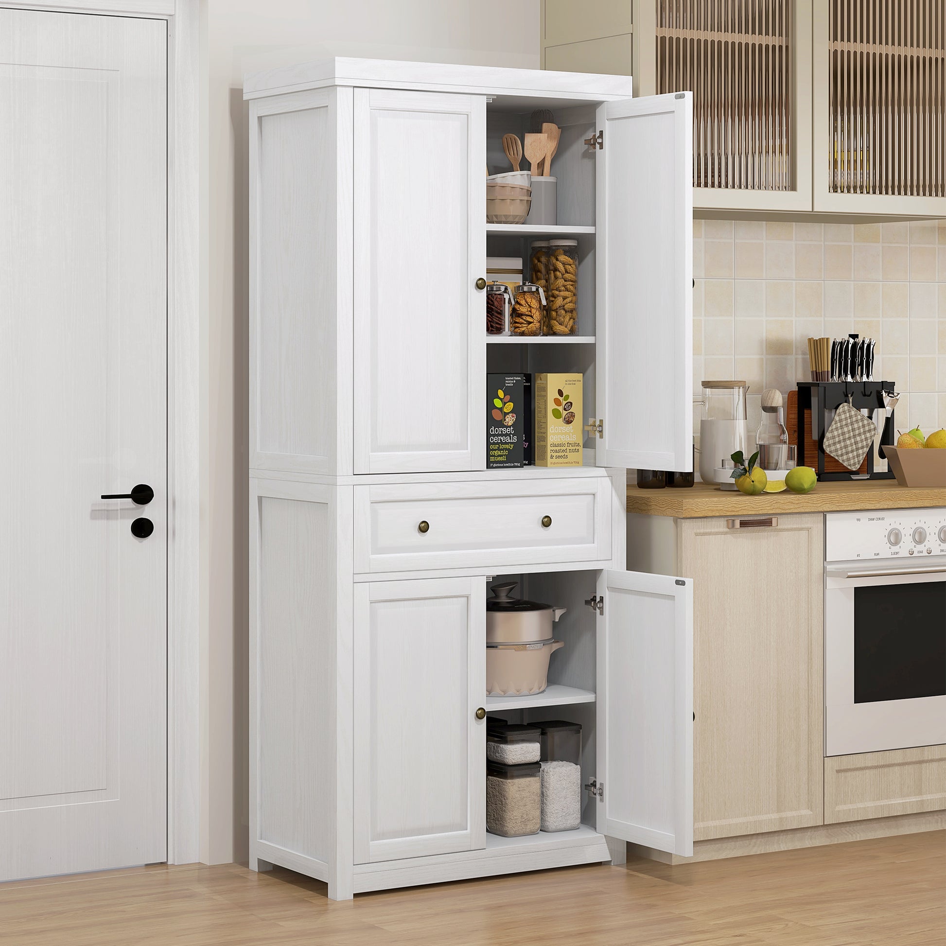 Homcom 72.5" Tall Farmhouse Kitchen Pantry Storage Cabinet, Freestanding Kitchen Cabinet With 4 Doors, Drawer And Adjustable Shelves For Dining Room, Distressed White White Mdf