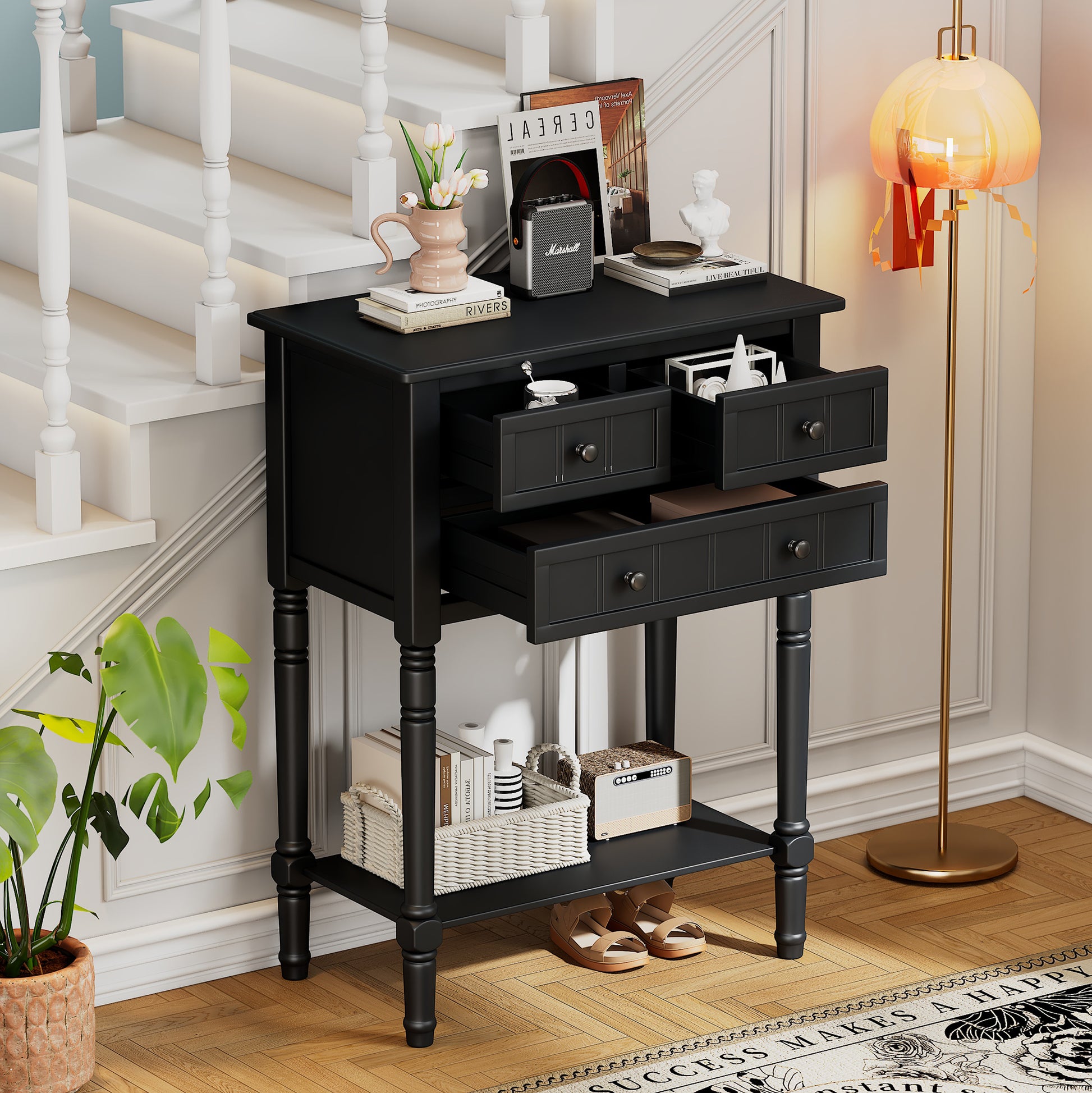 Narrow Console Table, Slim Sofa Table With Three Storage Drawers And Bottom Shelf Black Black Solid Wood Mdf
