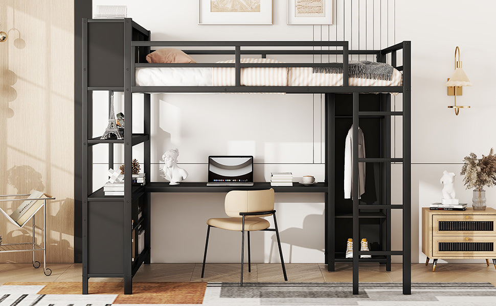 Metal Loft Bed With Wardrobe And L Shaped Desk, Full Size Loft Bed With Storage Cubes And Shelves, Heavy Duty Loft Bed For Kids Teens Adults, Black Pre Sale Date: August 10Th Full Black Metal