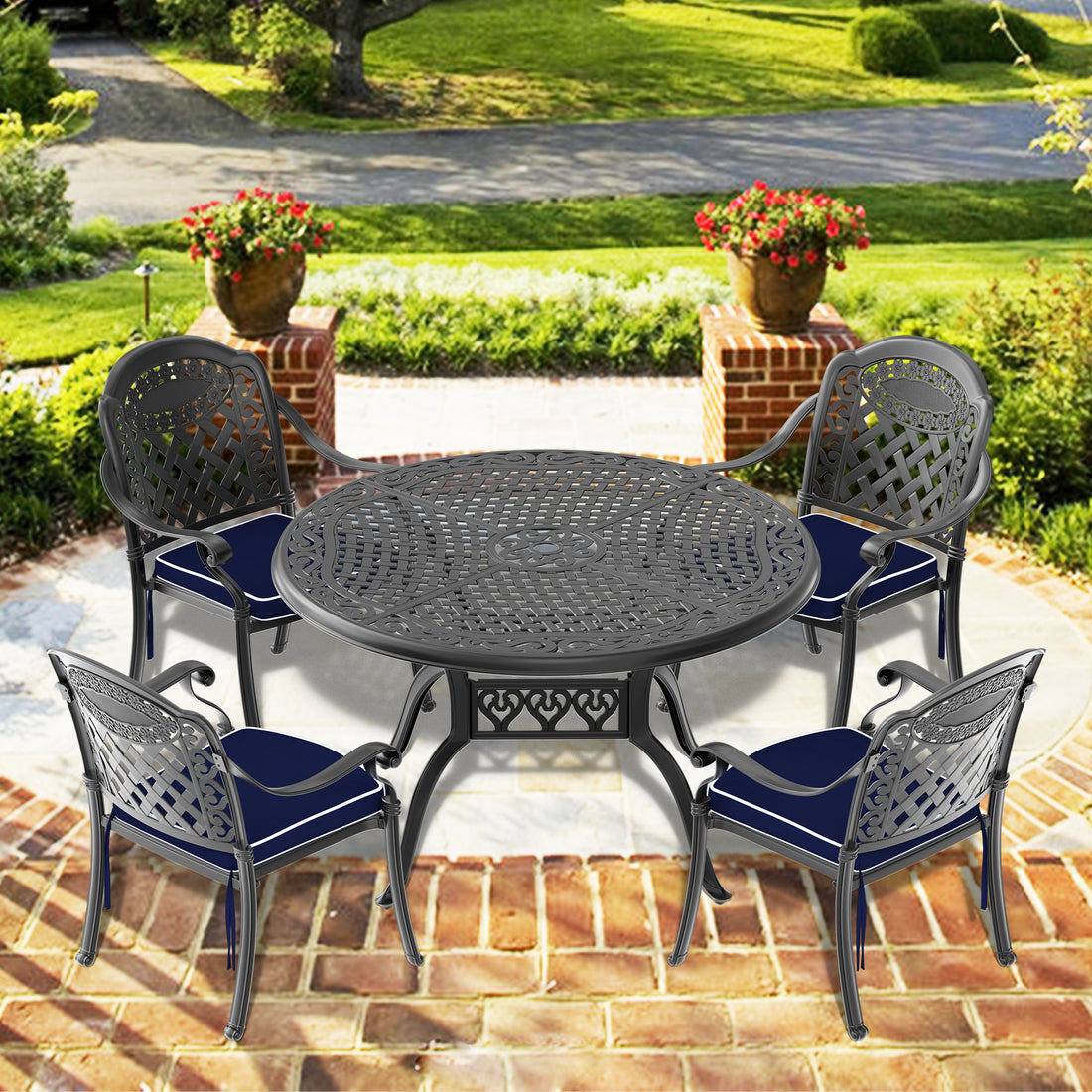 Cushions In Random Colors 5 Piece Set Of Cast Aluminum Patio Furniture With Cushions Yes Dining Set Black Seats 4 Rust Resistant Frame Water Resistant Cushion Garden & Outdoor Complete Patio Sets Aluminium