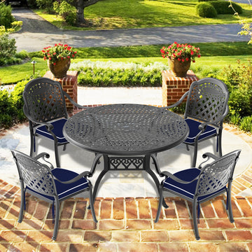 Cushions In Random Colors 5 Piece Set Of Cast Aluminum Patio Furniture With Cushions Yes Dining Set Black Seats 4 Rust Resistant Frame Water Resistant Cushion Garden & Outdoor Complete Patio Sets Aluminium