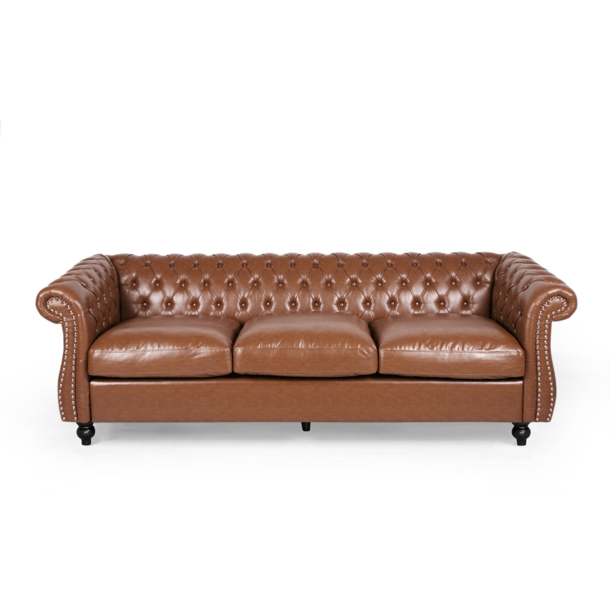 84.50'' Mid Century Cognac Brown 3 Seater Sofa, Pu, Classic Retro Sofa With Rolled Arms Modern, Elegant, And Comfortable Couch, Perfect For Living Room, Office, Bedroom, Primary Living Spaces Cognac Wood Primary Living Space Medium Soft Tight Back Medium
