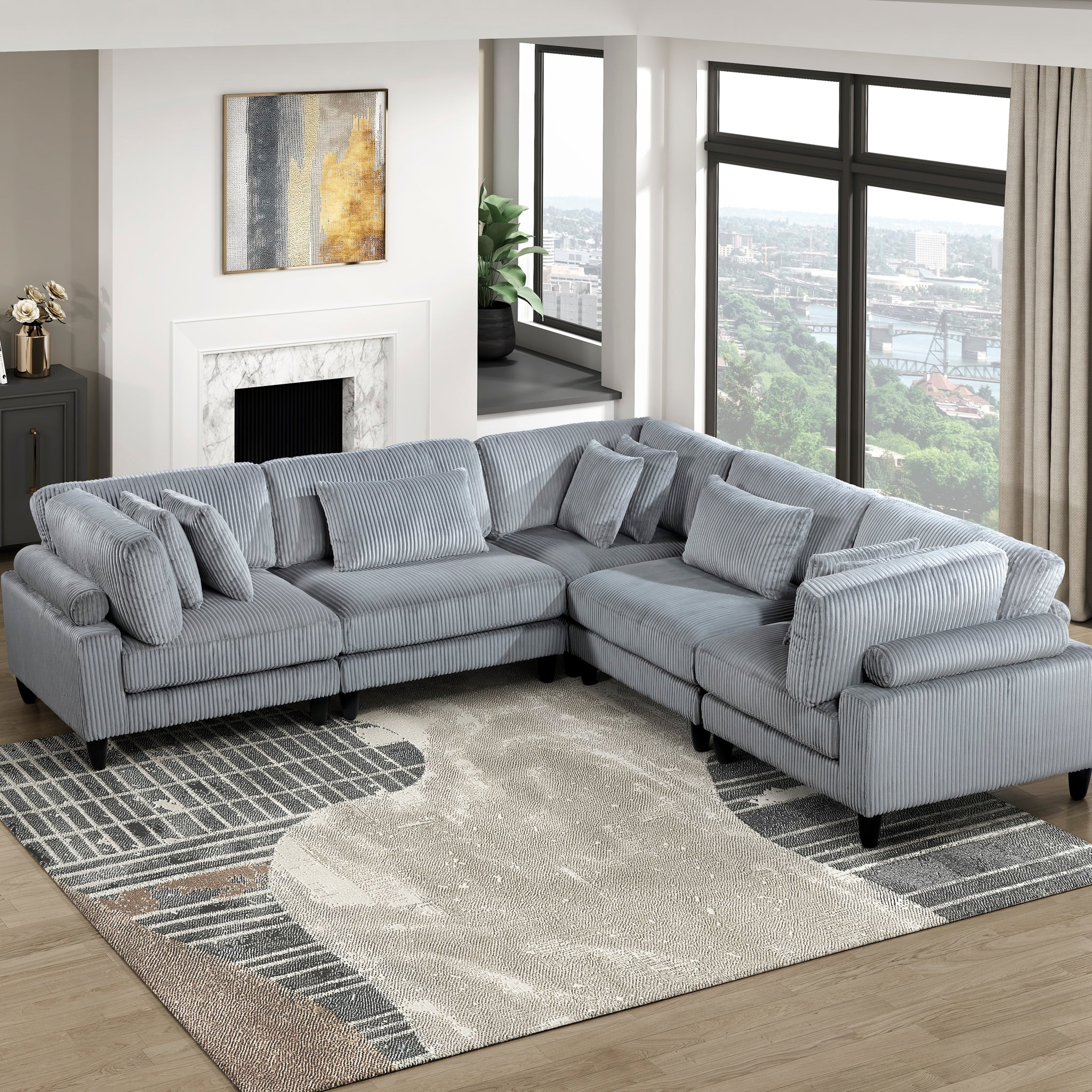 5Pc Modular Sectional Set Gray Corduroy Upholstery 2X Armless Chairs 3X Corner Seats Soft Pillows Living Room Furniture Gray Corduroy Wood Primary Living Space Contemporary,Modern Modular