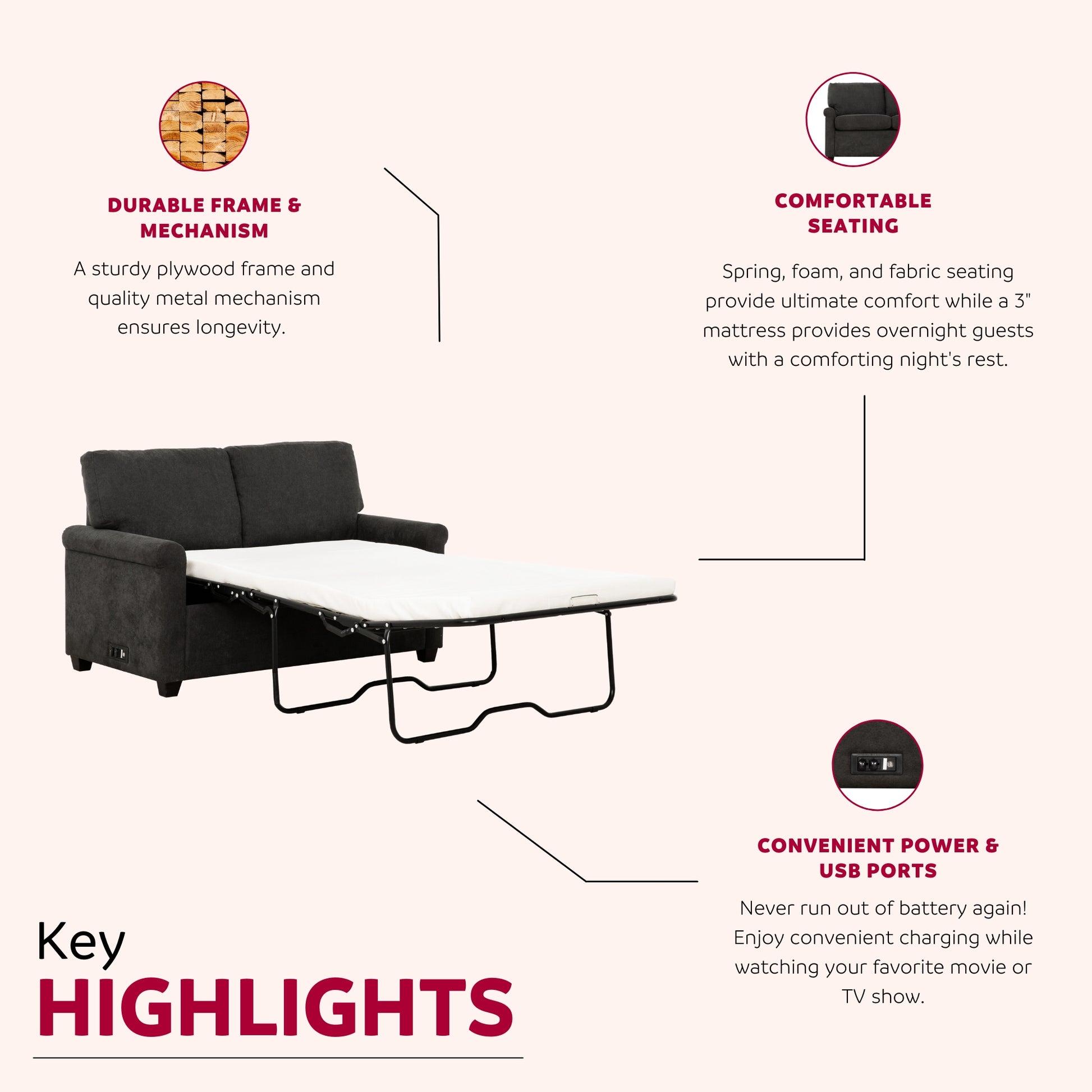 Convertible Twin Sleeper Sofa With Usb Ports, Modern Upholstered Sofa Bed, Living Room 2 Seater Sofa Loveseat, Dark Gray Dark Gray Polyester Wood Primary Living Space Medium Firm Cushion Back Heavy Duty Modern Rolled Arms Plywood Metal 2 Seat