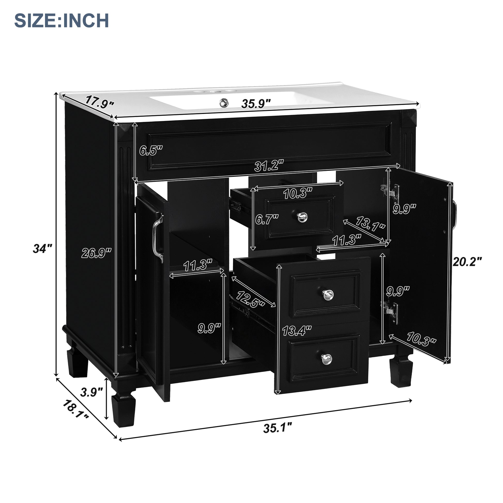 36'' Bathroom Vanity With Top Sink, Modern Bathroom Storage Cabinet With 2 Soft Closing Doors And 2 Drawers, Single Sink Bathroom Vanity Black Bathroom Modern Mdf Ceramic,Solid Wood Mdf