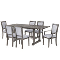 7 Piece Updated 76.9Inch Extendable Trestle Dining Table Set With Removable Leaf, Kitchen Table Set With Upholstered Side Chair And Arm Chair, Set Of 6, Grey Brown Wood Dining Room Solid Wood Rubberwood Rectangular Dining Table With Chair Upholstered