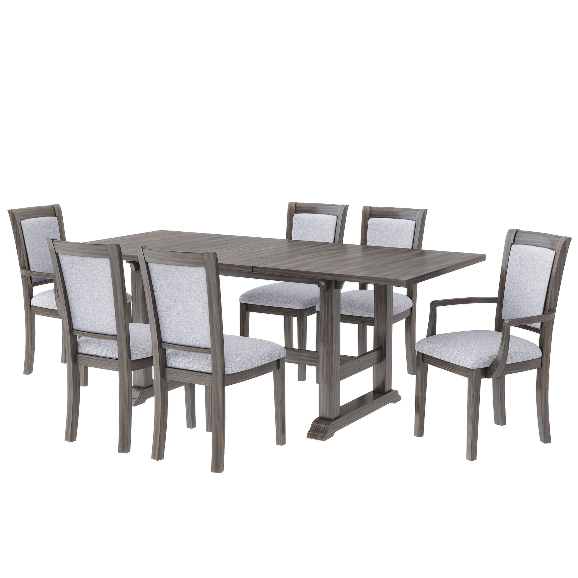 7 Piece Updated 76.9Inch Extendable Trestle Dining Table Set With Removable Leaf, Kitchen Table Set With Upholstered Side Chair And Arm Chair, Set Of 6, Grey Brown Wood Dining Room Solid Wood Rubberwood Rectangular Dining Table With Chair Upholstered