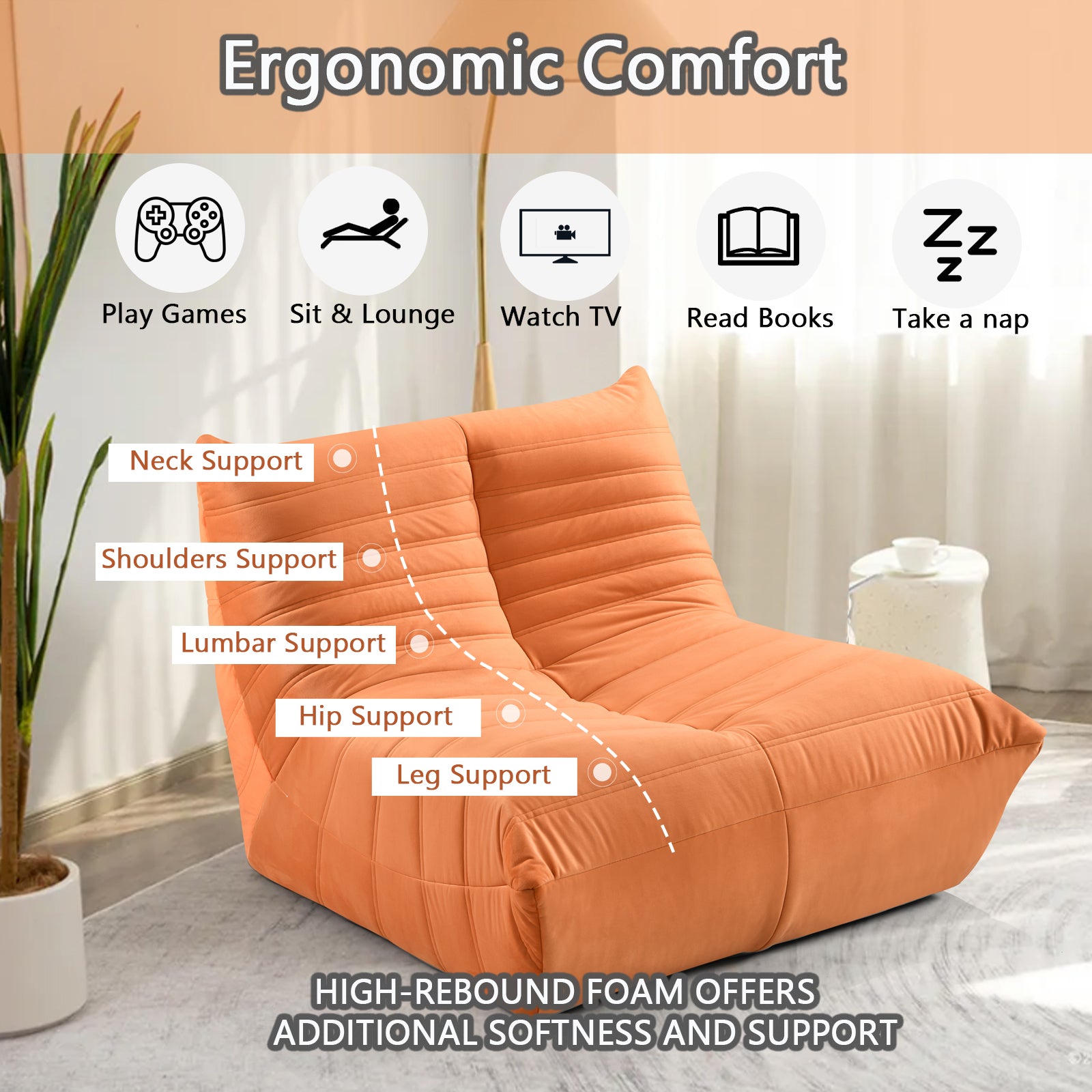 Fireside Chair, Large Bean Bag Chair For Adults, Lazy Floor Sofa For Home, Playing Bean Bag Chair, One Piece High Resillence Sponge, Flannelette Fabric, Orange Orange Soft Foam Flannelette,Foam