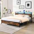 Industrial King Bed Frame With Led Lights And 2 Usb Ports, Bed Frame King Size With Storage, Noise Free, No Box Spring Needed, Rustic Brown Box Spring Not Required King Antique Brown Metal Brown Bedroom Industrial Metal & Wood