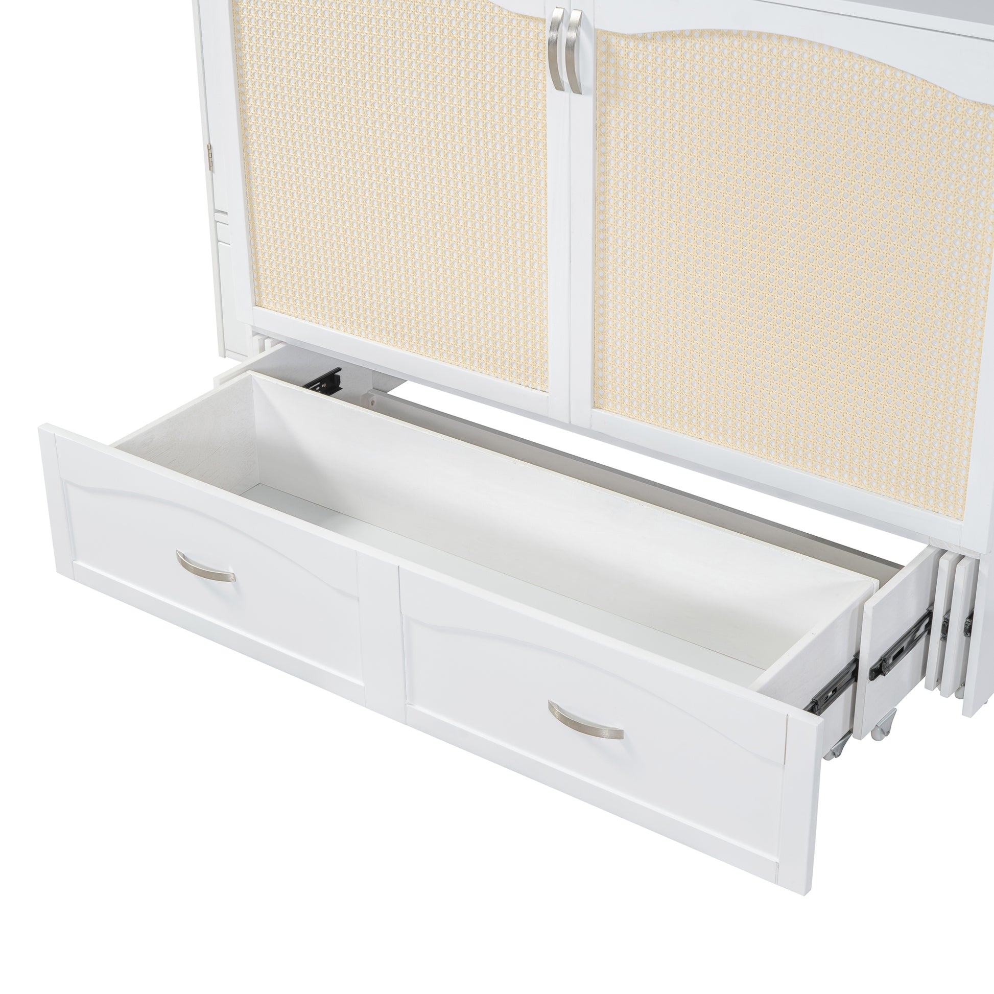 Queen Size Murphy Bed Wall Bed With Drawer And Rattan Decoration With 2 Storage Cabinets, One Set Of Sockets & Usb Ports, Pulley Structure Design, White Queen White Plywood
