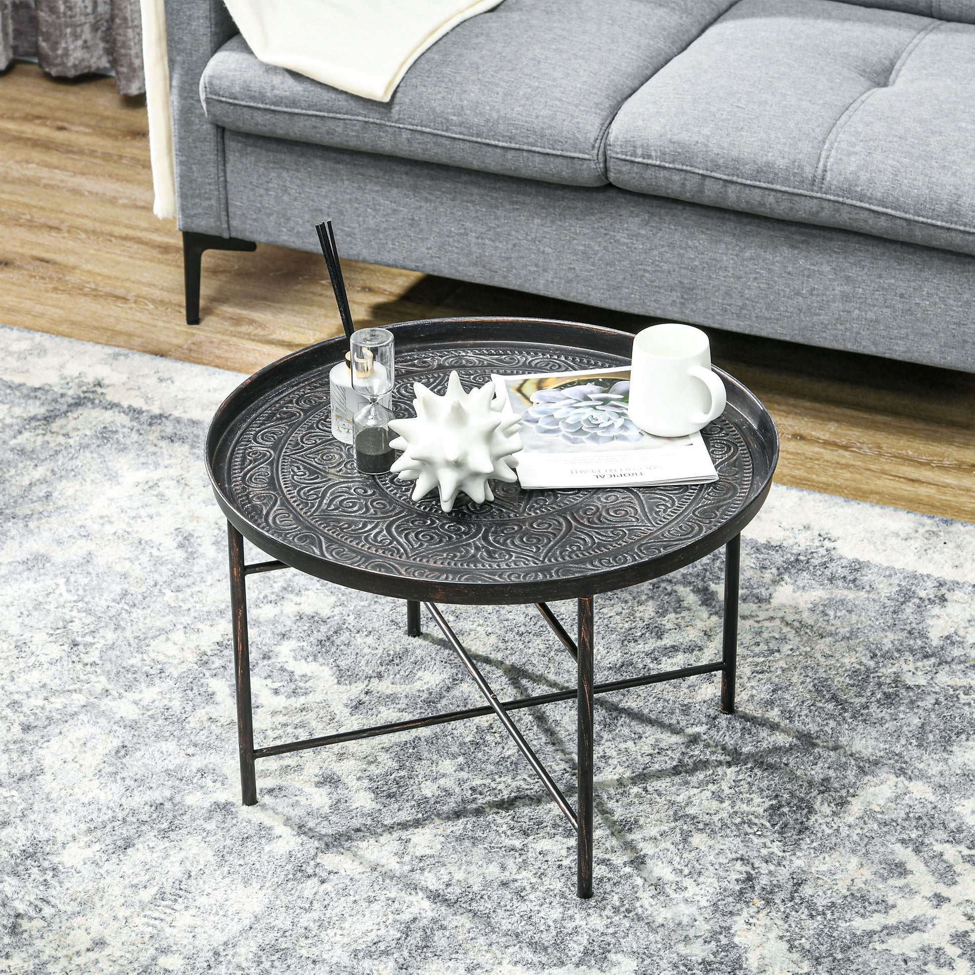 Homcom 24" Round Coffee Table With Hammered Tray Top, Vintage Metal Center Table For Living Room, Bedroom, Side Table, Pewter Pewter Metal