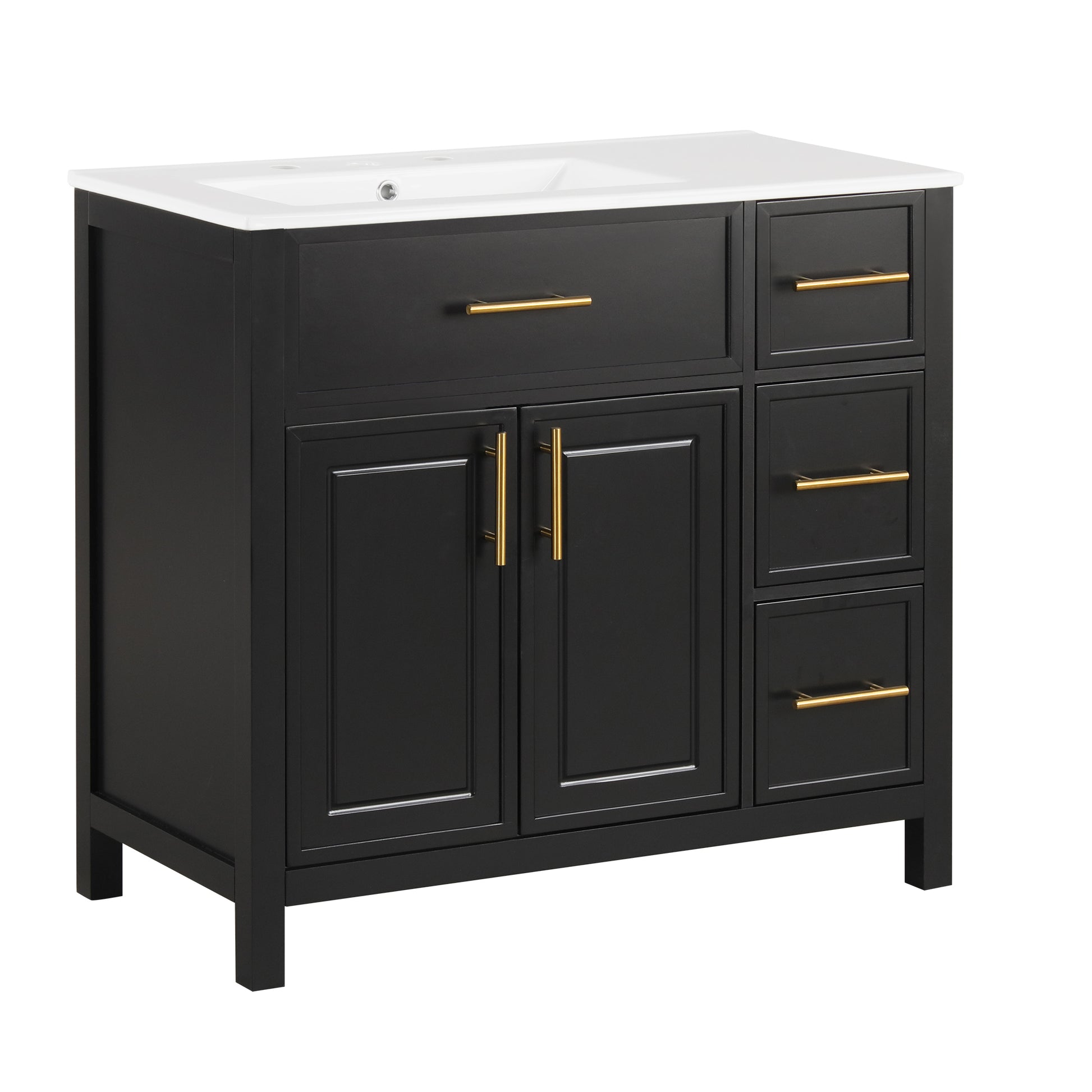 36" Bathroom Vanity With Sink Top, Bathroom Vanity Cabinet With Two Doors And Three Drawers, Solid Woodmdf Boards ,One Package, Black Black Solid Wood Mdf