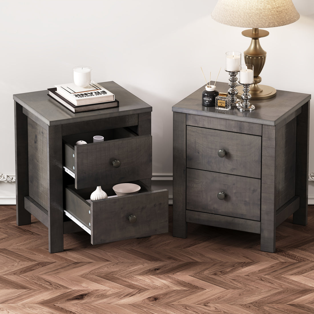 Farmhouse Wooden Nightstand Set Of 2 With Retro Design, Wood Side Table With Storage Cabinet For Bedroom, Antique Gray Antique Gray 2 Drawers Particle Board