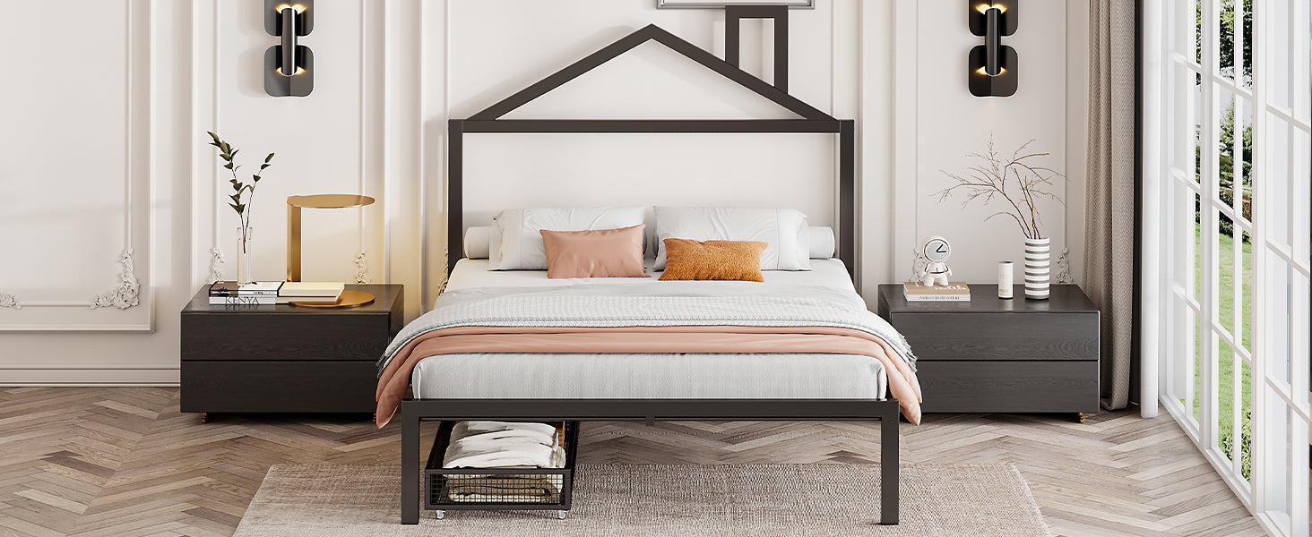 Full Size Metal Platform Bed With Two Drawers,House Shaped Headboard Design, Black Full Black Metal