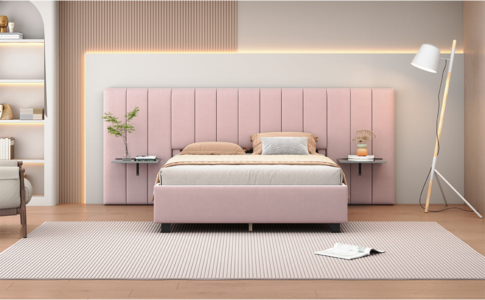 Queen Size Upholstered Platform Bed With Big Headboard, Bedroom Furniture, Velvet, Pink Queen Pink Plywood