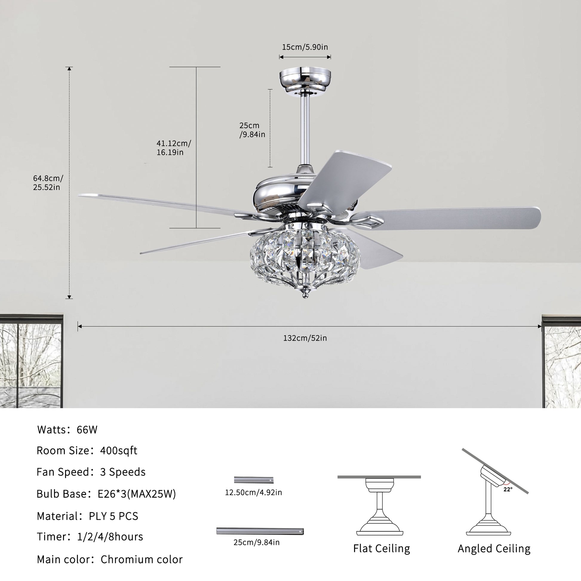 52'' Crystal Shade Ceiling Fan Lamp With Remote Control 3 Speed High, Mid, Low 5 Reversible Blades For Living Room, Dining Room, Bedroom, Family Room, Chrome ,3Pcs*E26 No Include Bulb Chrome American Traditional,Antique,Classic,Contemporary Crystal Metal