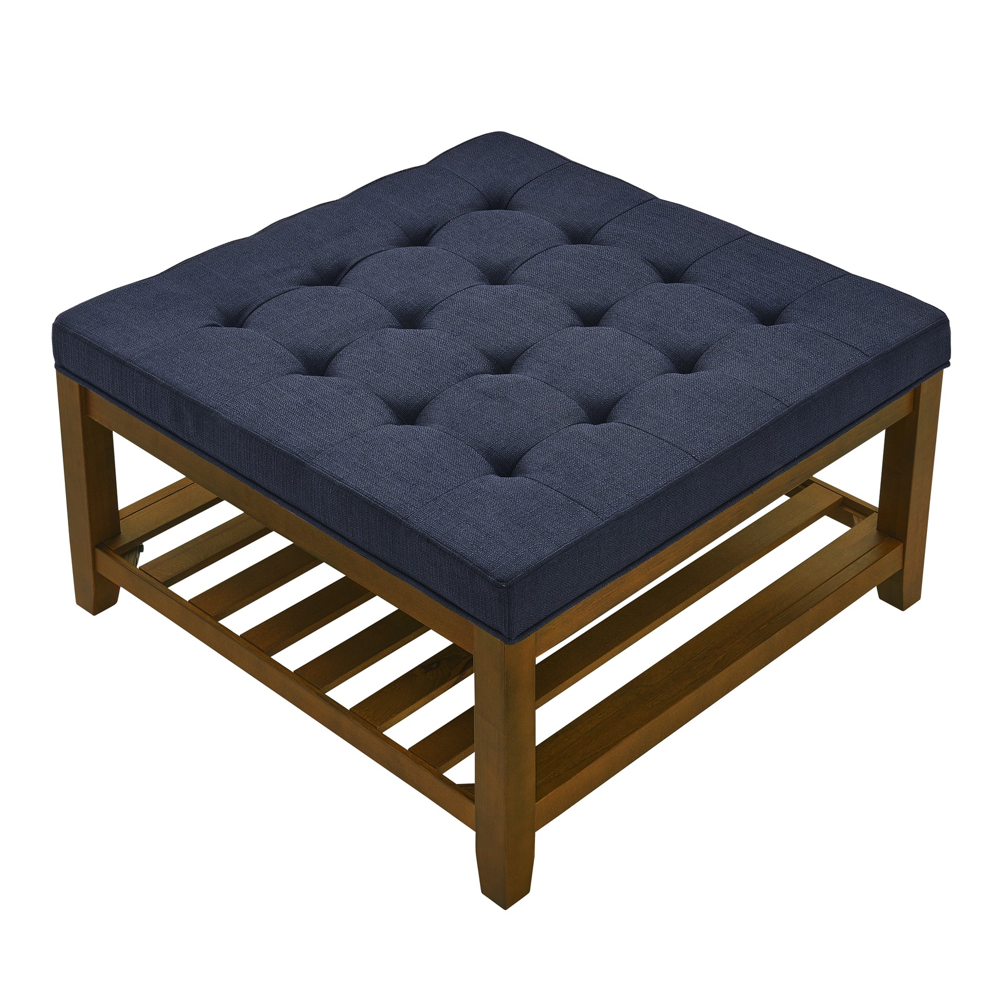 Upholstered Coffee Table Tufted Linen Large Square Ottoman With Beech Wood Shelf And Frame, Oversized Footrest Ottoman For Living Room, Navy Blue Light Brown Wood Primary Living Space Heavy Duty Beech Wood Navy Blue Linen Or Linen Blend Medium Firm