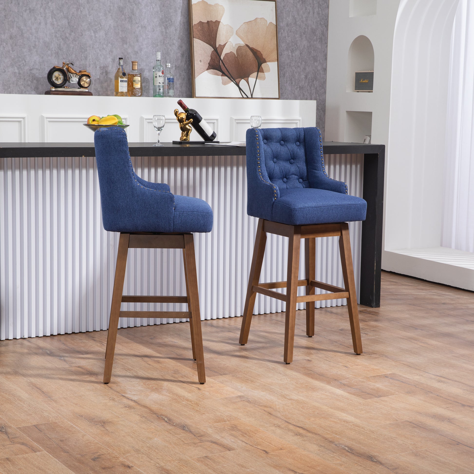 Coolmore Bar Stools Set Of 2 Counter Height Chairs With Footrest For Kitchen, Dining Room And 360 Degree Solid Wood Legs Swivel Bar Stools Set Of 2 Navy Linen Navy Foam Linen