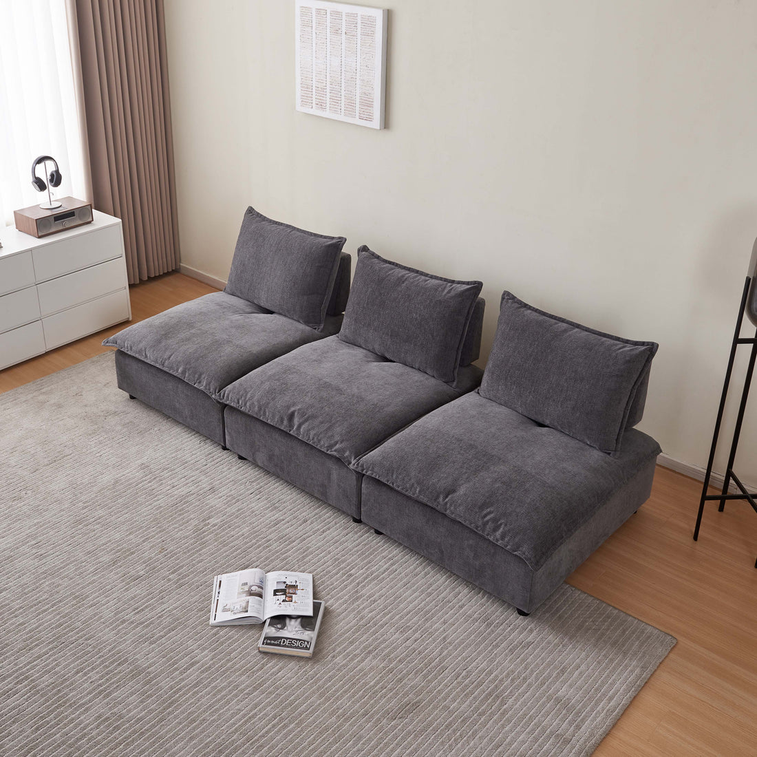 Mid Century Modern 3 Seater Sofa Couch For Living Room Modular Sectional Armless Sofa, Ultra Soft Chenille Fabric, Sturdy Frame, Comfortable And Stylish Furniture Gray Foam Chenille 3 Seat
