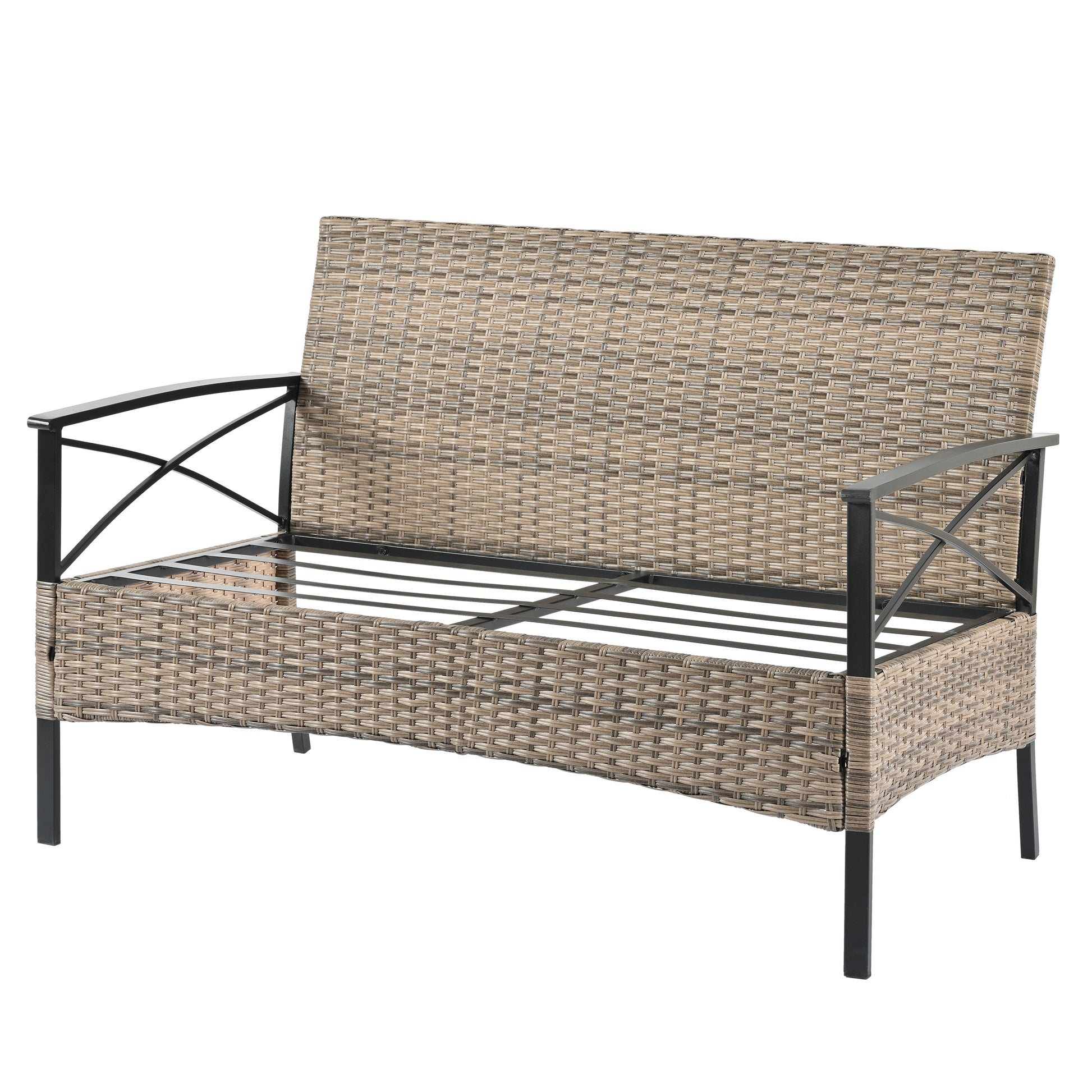 Patio Furniture, Outdoor Furniture, Seasonal Pe Wicker Furniture, Four Set Wicker Furniture With Black Metal Table Yes Brown Seats 4 Pe Rattan Iron Waterproof Fabric