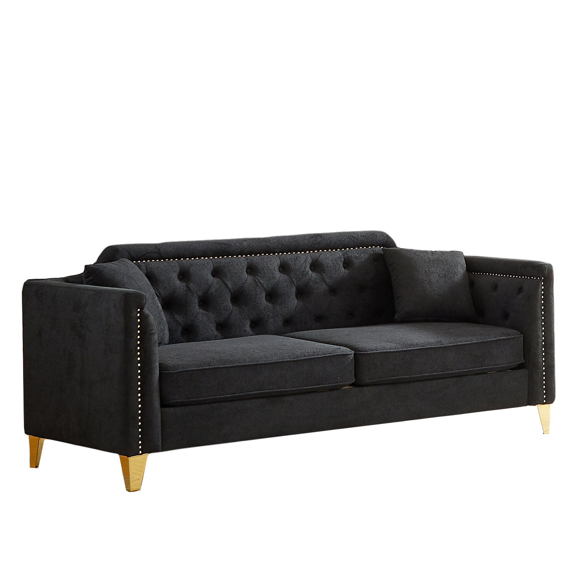 Fx81"Mid Century Design Modern Sofa,Chenille Pull Buckle Design Sofa For Living Room,Buttons Tufted With Copper Nail Decoration Armrest, With 2 Pillows,Modern Couch Upholstered Button And Metal Legs Black Chenille Pine Foam Fabric 3 Seat