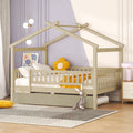 Full Size Wooden House Bed With Twin Size Trundle, Natural Full Natural Solid Wood Mdf