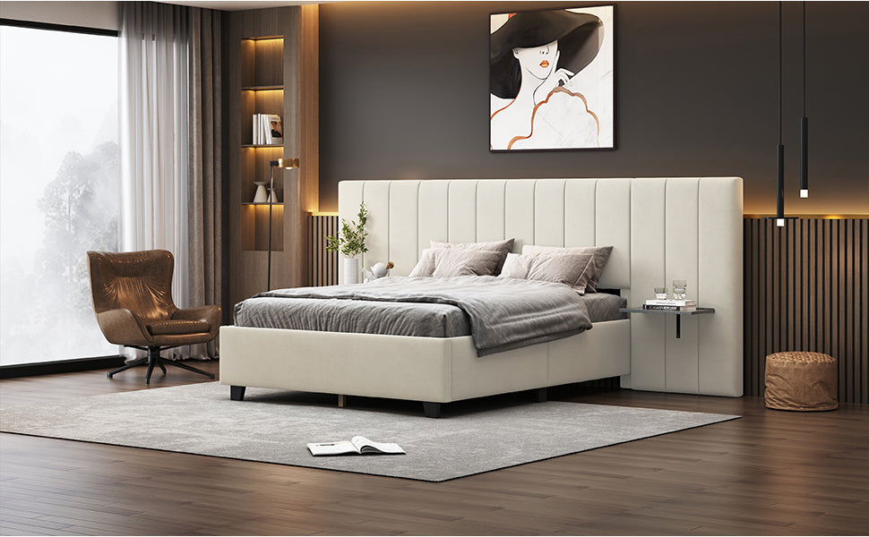 Full Size Upholstered Platform Bed With Big Headboard, Bedroom Furniture, Velvet, Beige Full Beige Plywood