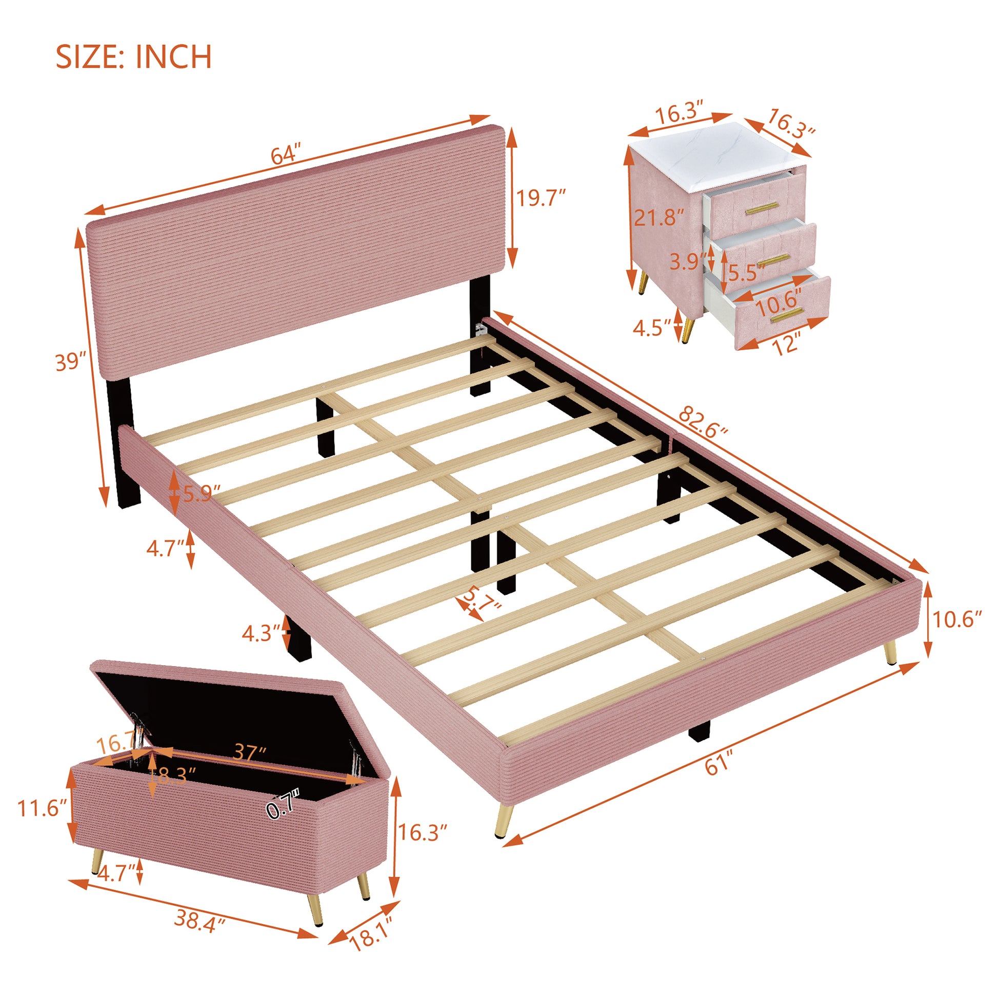 4 Pieces Bedroom Sets Queen Size Upholstered Bed Frame With Modern Corduroy Storage Ottoman And Nightstands,Pink Queen Pink 4 Piece Set Wood