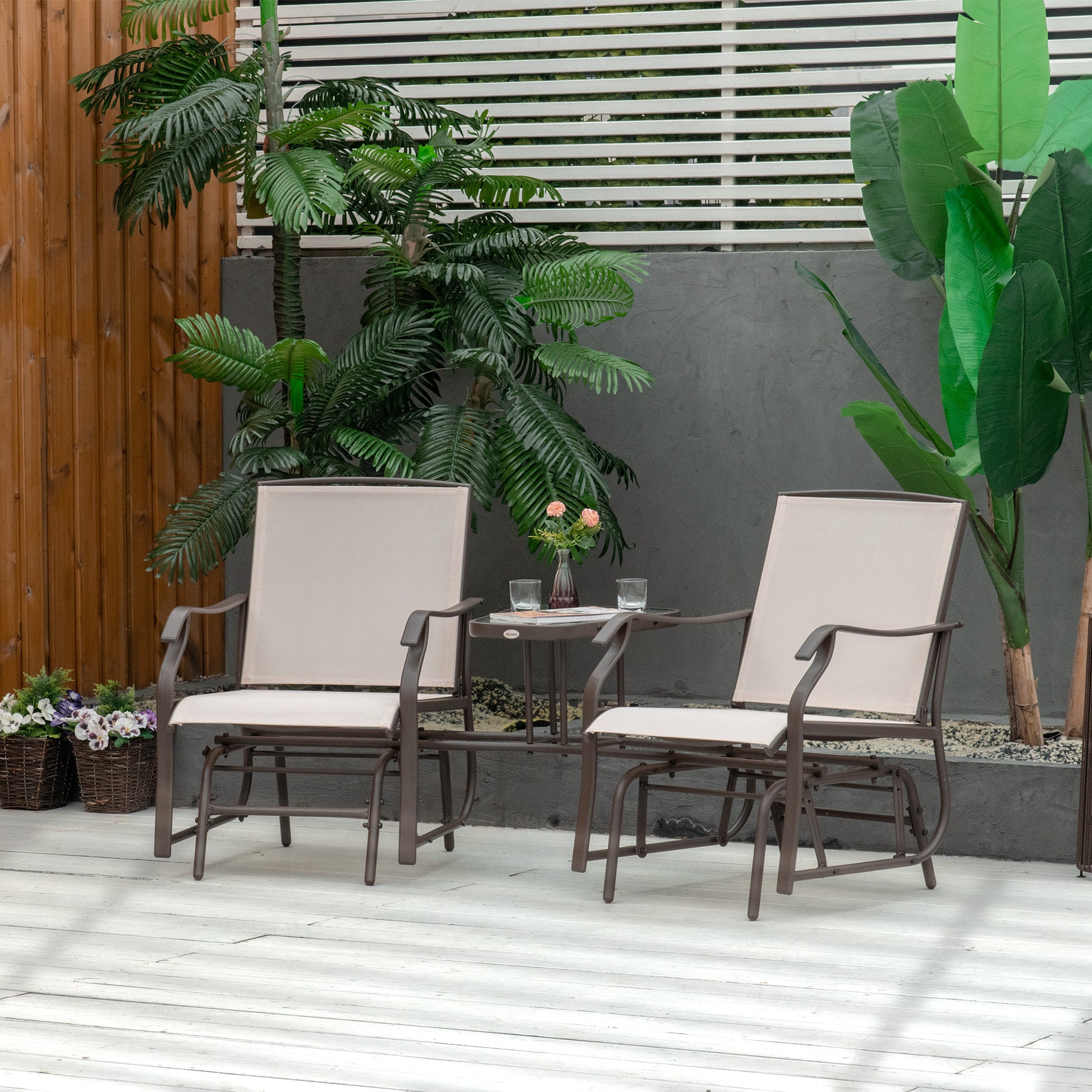 Outsunny Outdoor Glider Chairs With Coffee Table, Patio 2 Seat Rocking Chair Swing Loveseat Withsling For Backyard, Garden, And Porch, Beige Beige Fabric Metal