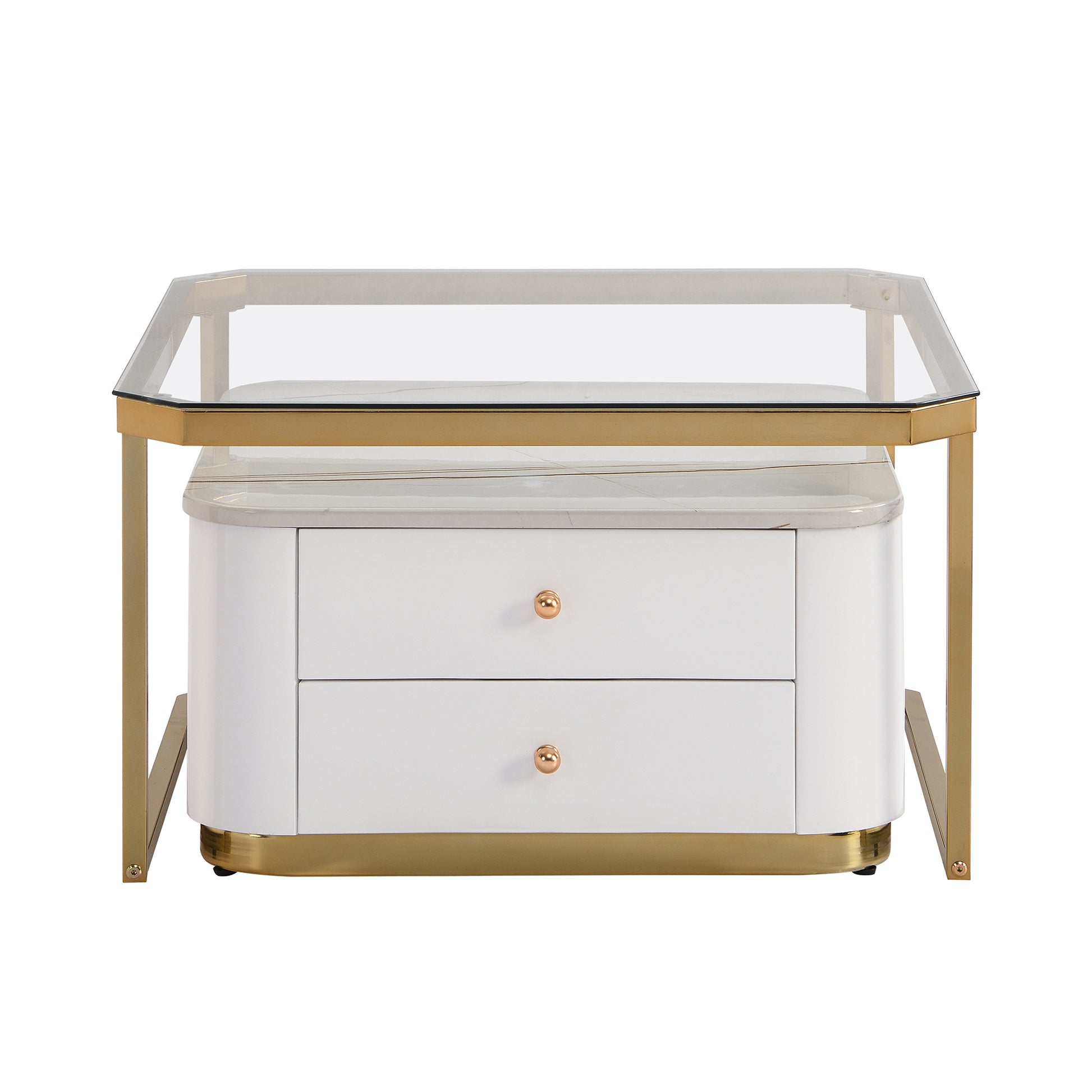 Modern 2 Pieces White Square Nesting Coffee Table With Drawers & Electroplated Gold Legs In 27.6'' Golden White Square Drawers Coffee & End Tables Glossy Square Mdf Glass Mdf Pedestal