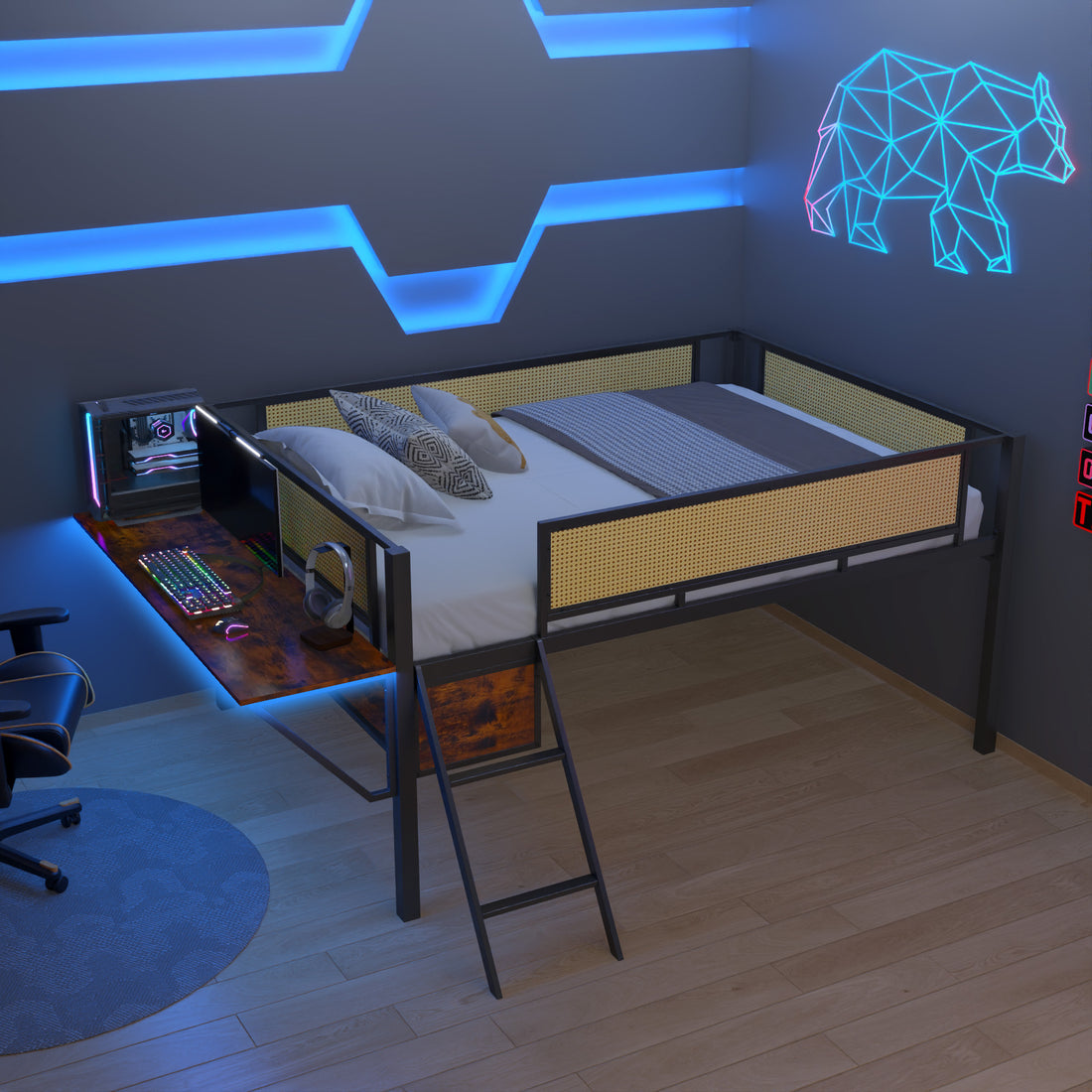 Single Metal Loft Bed With Rectangular Desk, Led Lights, Led Loft Bed Frame Double Bed With Storage Shelves And Hanging Storage Compartments, Safety Guard And Ladder, No Box Springs Required, Rattan G Full Black Brown Mdf Iron