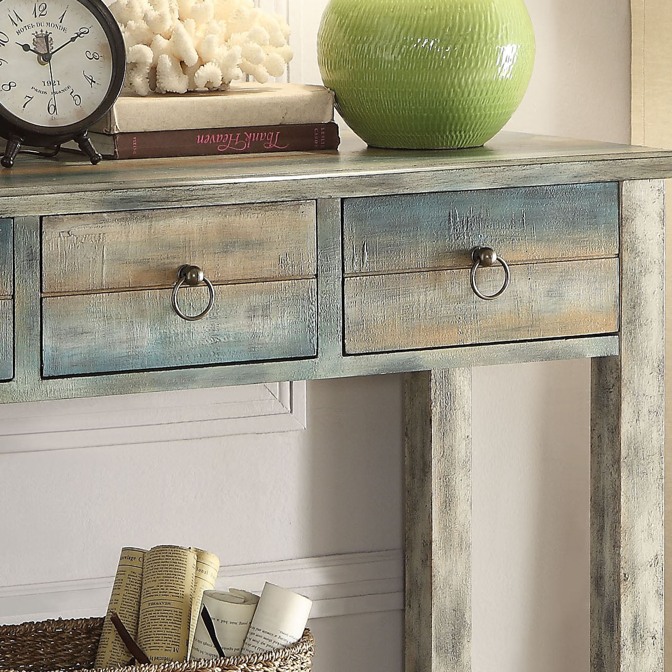 Antique Grey And Teal 3 Drawer Console Table Antique Gray Primary Living Space Vintage Drawers Rectangular Wood