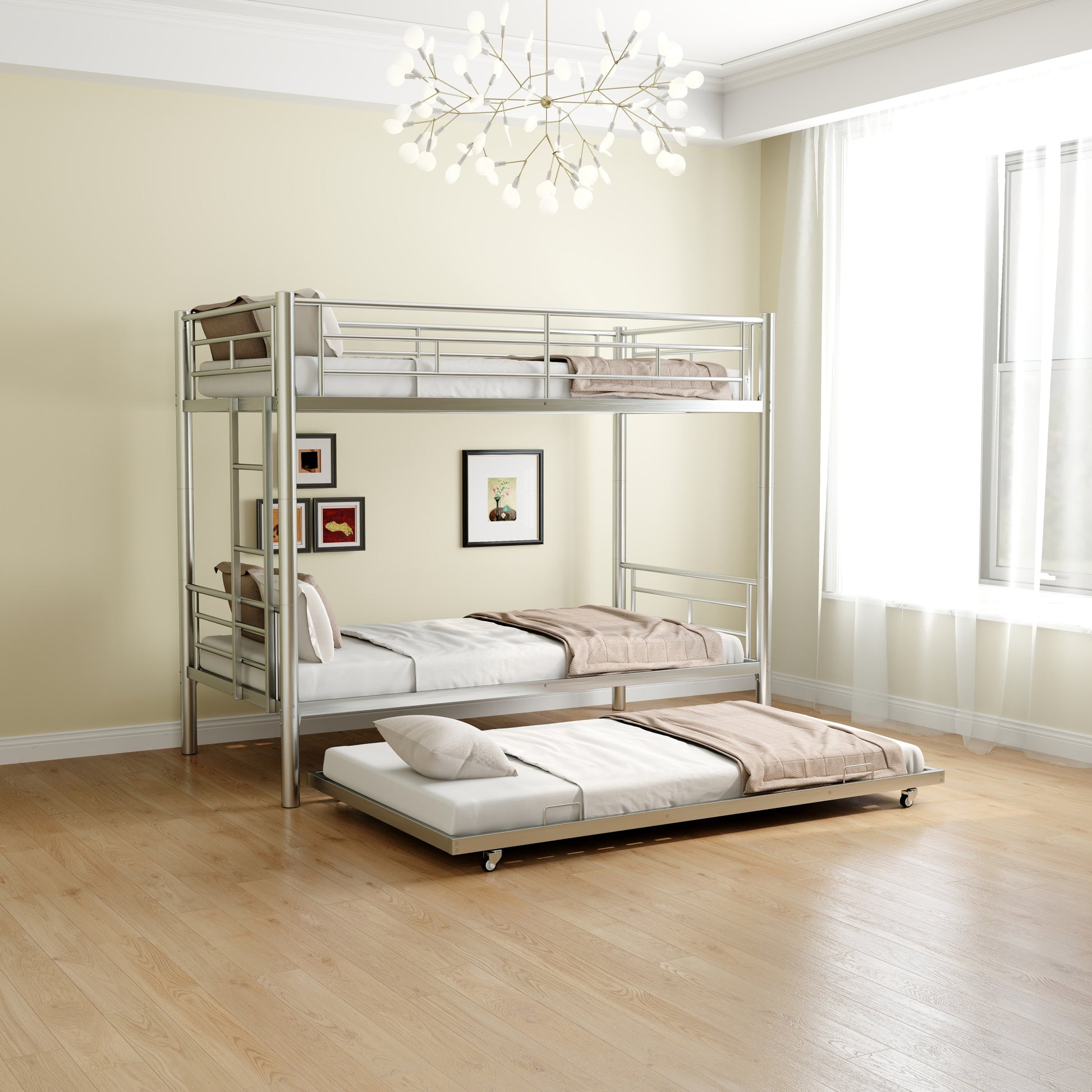 Heavy Duty Sturdy Meta Twin Over Twin With Trundle Bunk Bed L Noise Reduced Safety Guardrail No Box Spring Needed,Gray Silver Twin Gray Silver Metal