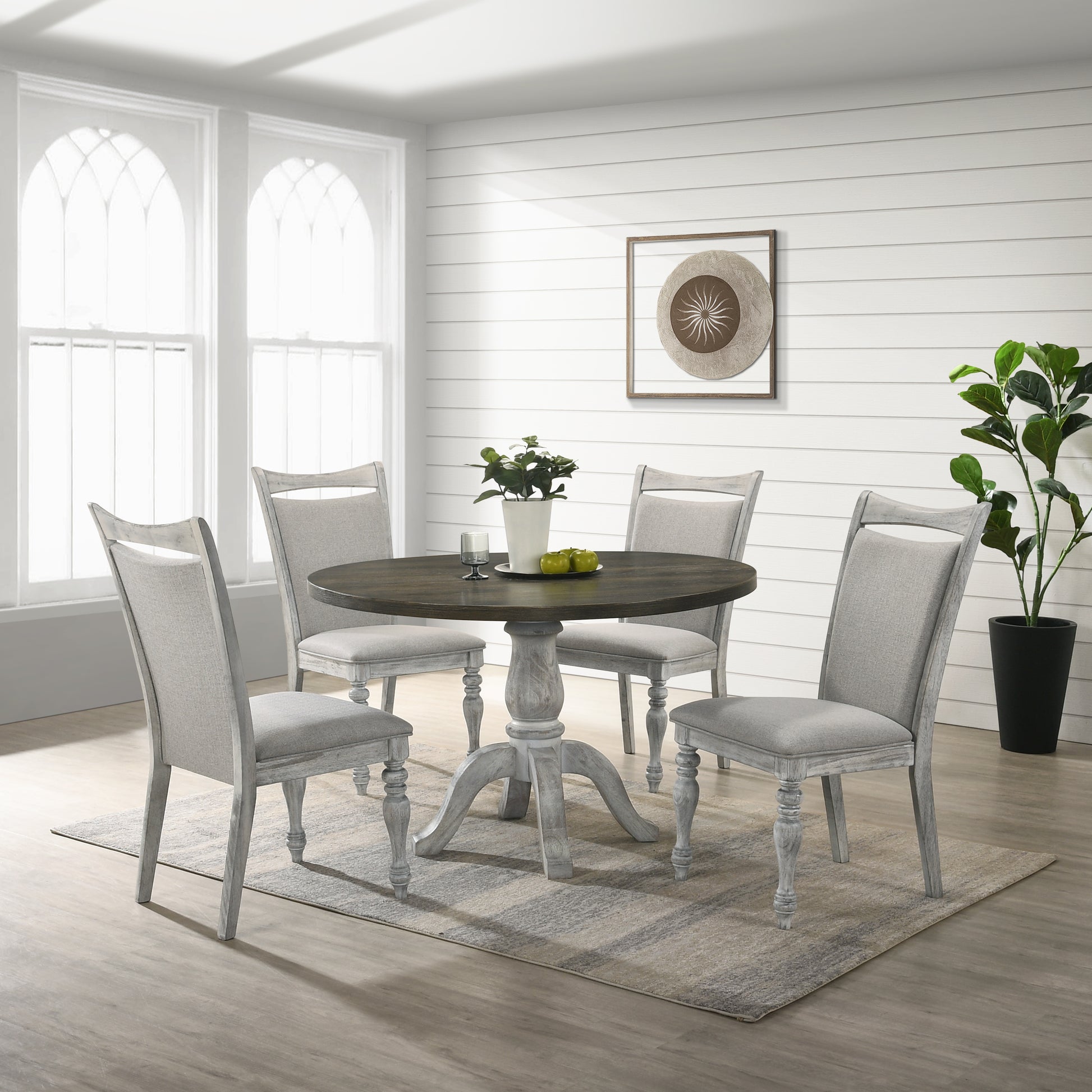 Iris 5 Piece Dining Set, Round Pedestal Table With 4 Chairs, Weathered White And Gray Wood Dining Room Fixed Table Rubberwood Round Dining Table With Chair Upholstered Chair Wood White Gray Seats 4 Farmhouse Round Pedestal Rubber Wood