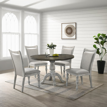 Iris 5 Piece Dining Set, Round Pedestal Table With 4 Chairs, Weathered White And Gray Wood Dining Room Fixed Table Rubberwood Round Dining Table With Chair Upholstered Chair Wood White Gray Seats 4 Farmhouse Round Pedestal Rubber Wood