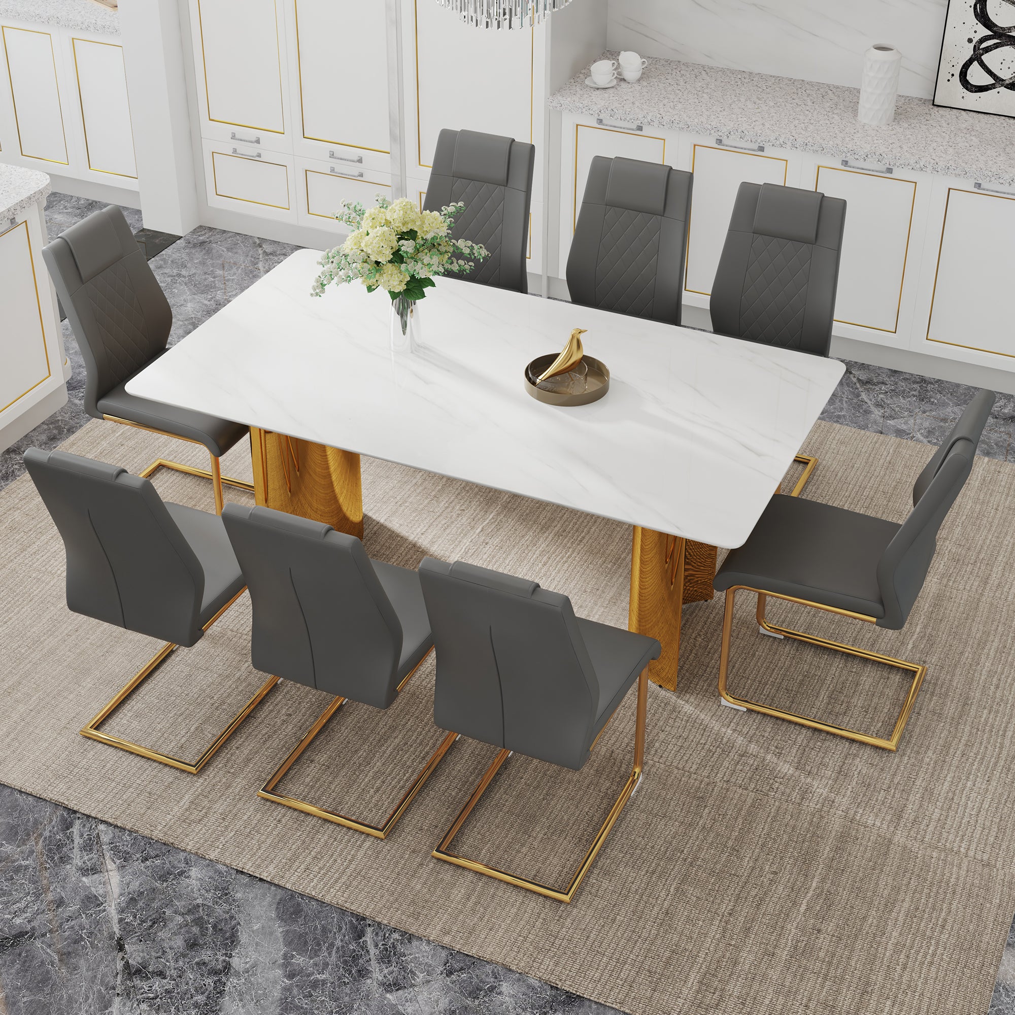 Table And Chair Set.The Table Has A Glass Tabletop With Imitation Marble Pattern Stickers And Stainless Steel Golden Table Legs. Paried With Comfortable Chairs With Pu Seats And Metal Legs. White Gold Seats 8 Glass Metal
