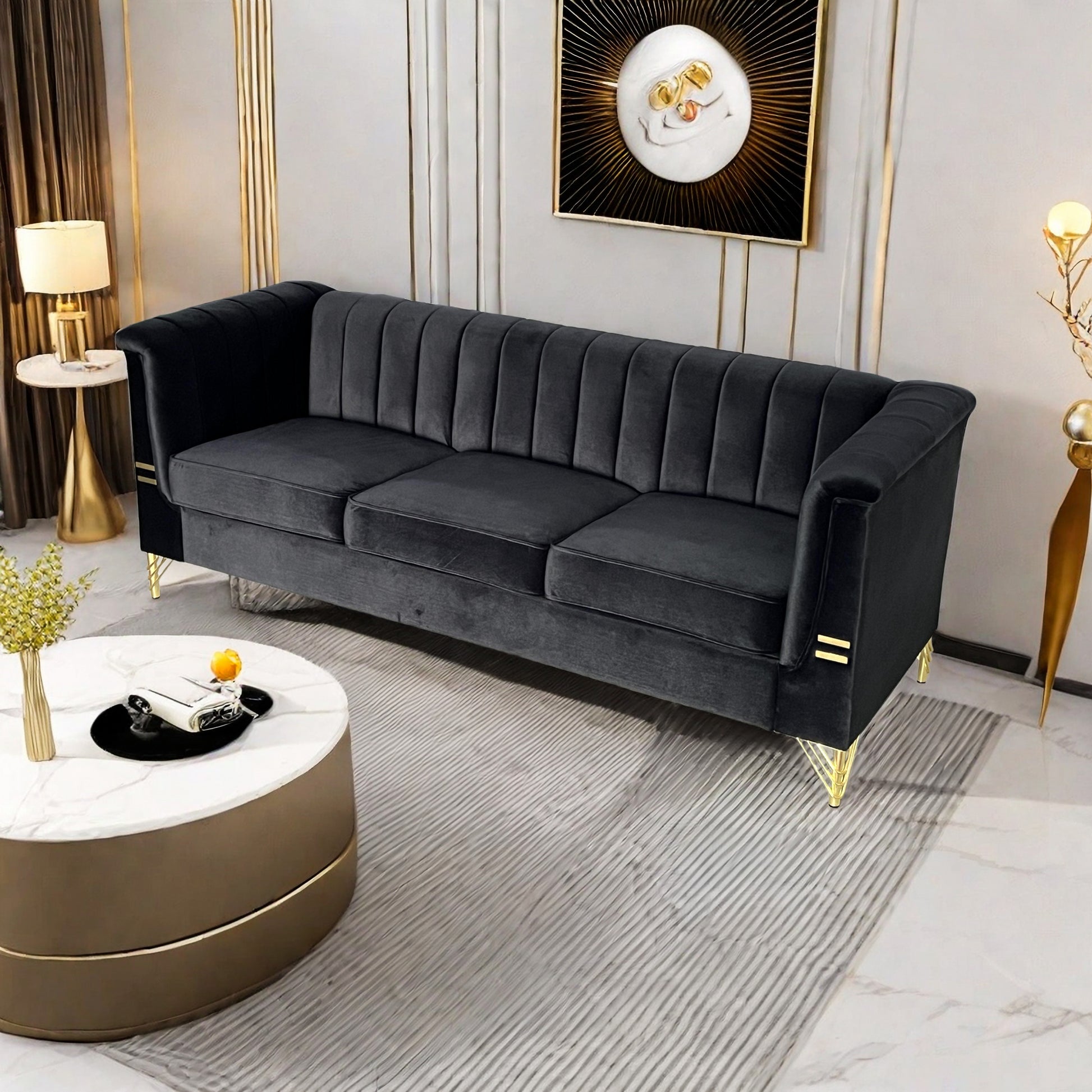 Fx P82 Bk Sofa Modern Sofa Couches For Living Room, 82.67Inches Velvet Velvet Tight Back Chesterfield Design Couch Upholstered Sofa With Metal Legs Decor Furniture For Bedroom Black Velvet 3 Seat