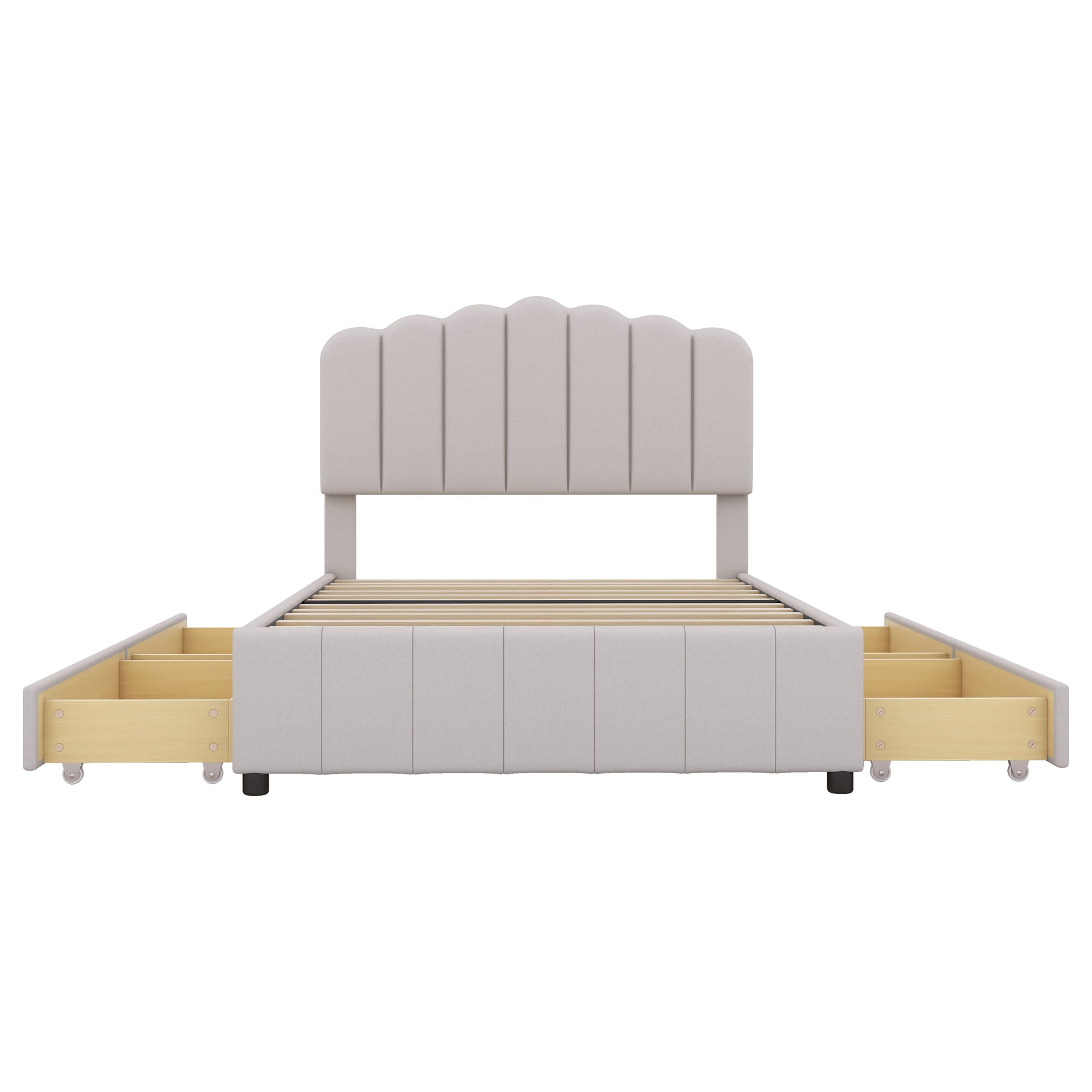 Full Size Upholstered Bed With 4 Storage Drawers,Wood Slat Support, Beige Full Beige Upholstered
