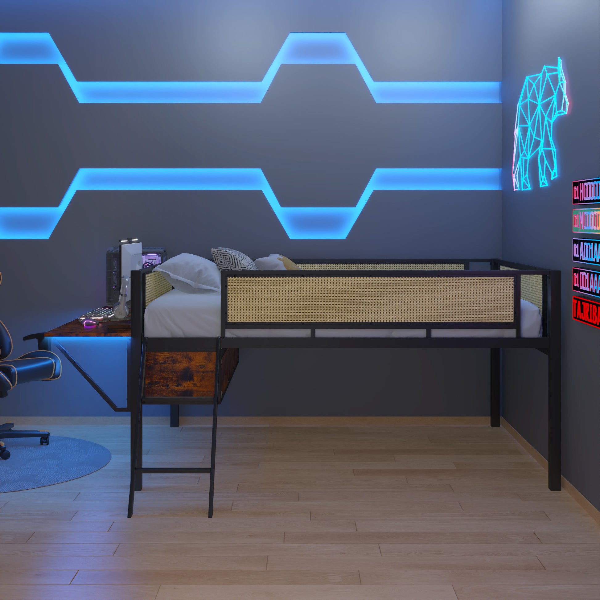 Single Metal Loft Bed With Rectangular Desk, Led Lights, Led Loft Bed Frame Double Bed With Storage Shelves And Hanging Storage Compartments, Safety Guard And Ladder, No Box Springs Required, Rattan G Full Black Brown Mdf Iron