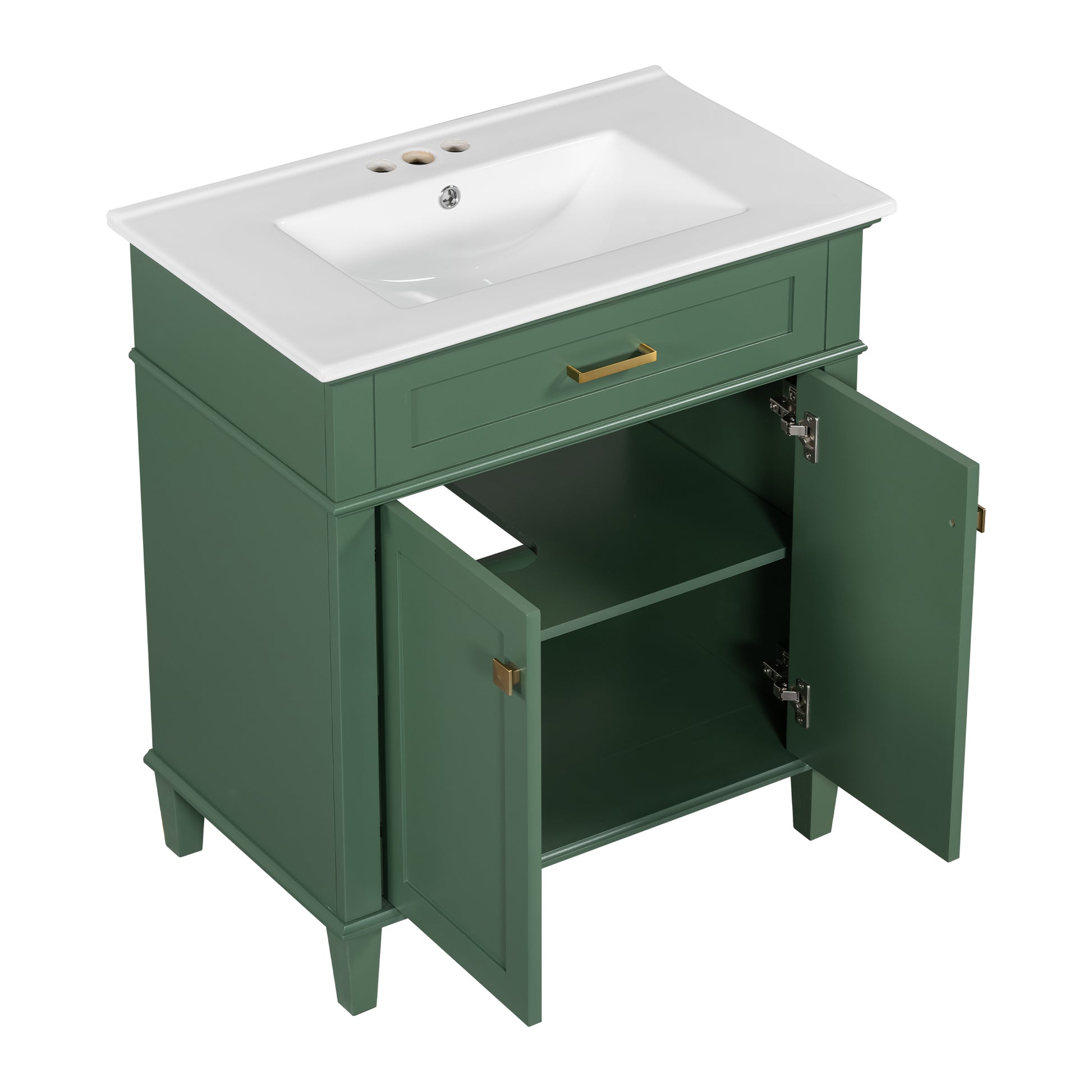 30 Inch Bathroom Vanity With Ceramic Basin, Soft Close Door And Adjustable Shelves Green Bathroom Solid Wood Mdf
