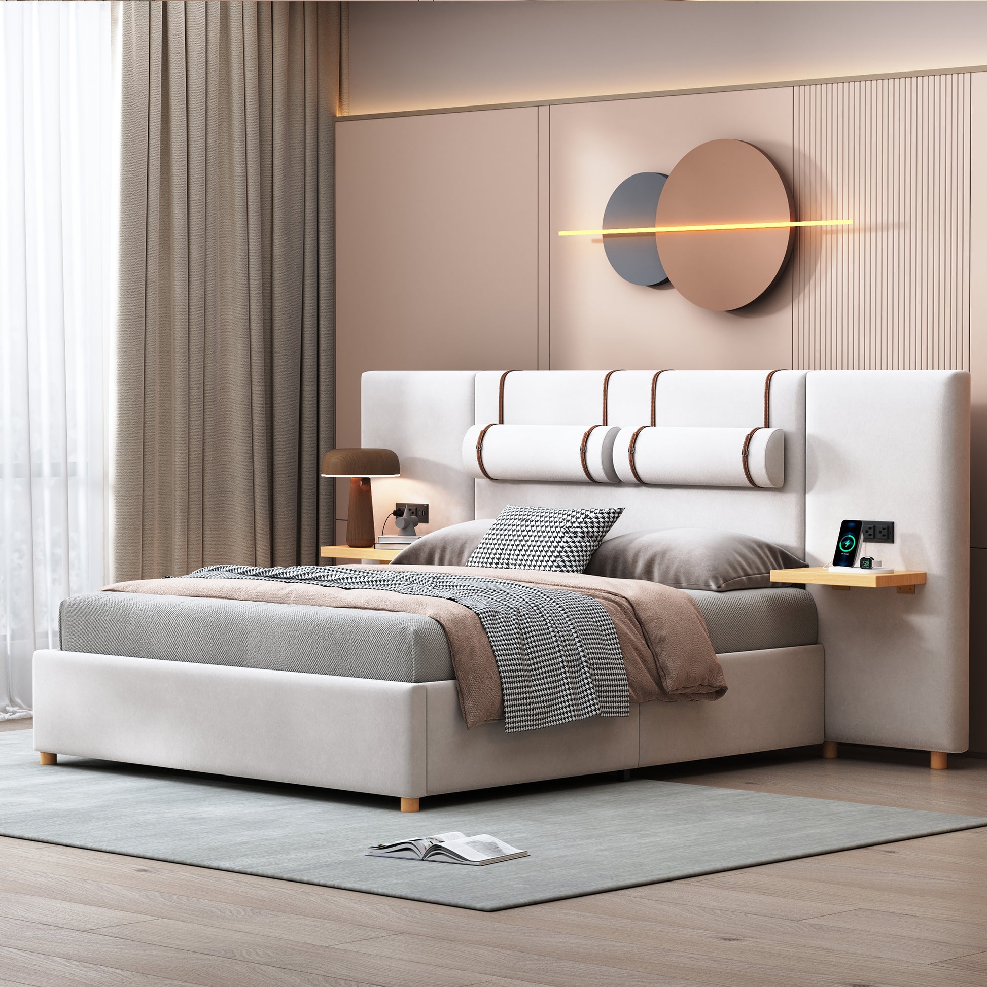 Queen Size Upholstered Platform Bed, Two Outlets And Usb Charging Ports On Both Sides, Two Bedside Pillows, Storage Shelves,Velvet, Beige Queen Beige Mdf Lvl