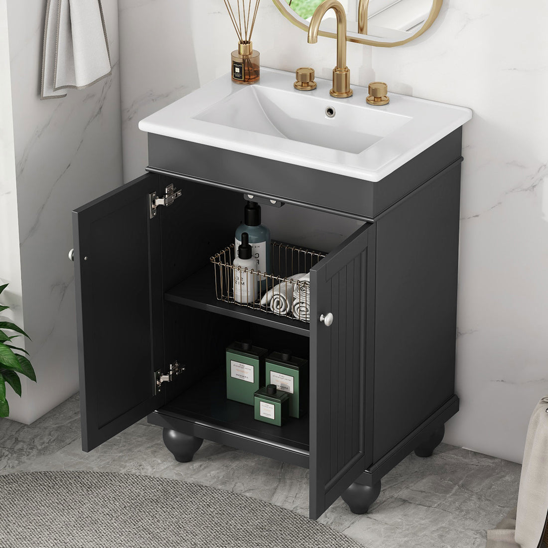 24" Black Modern Sleek Bathroom Vanity Elegant Ceramic Sink With Solid Wood Frame, Adjustable Shelf Black Solid Wood Mdf