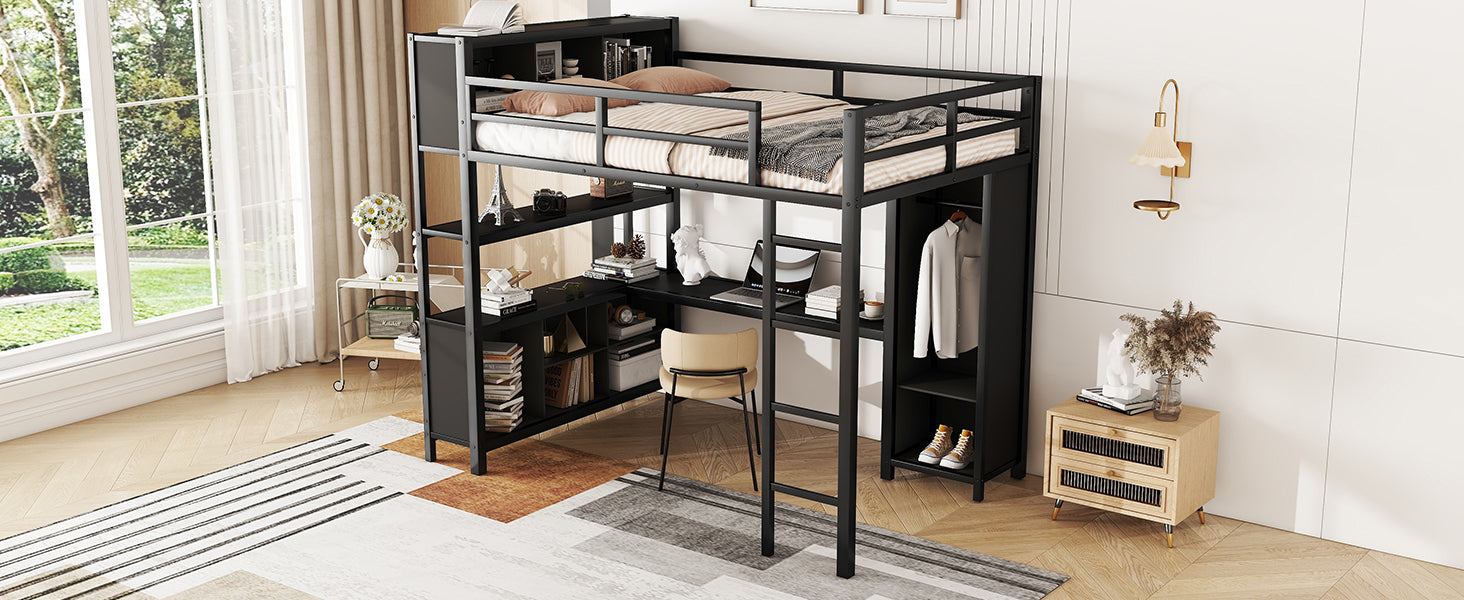 Metal Loft Bed With Wardrobe And L Shaped Desk, Full Size Loft Bed With Storage Cubes And Shelves, Heavy Duty Loft Bed For Kids Teens Adults, Black Pre Sale Date: August 10Th Full Black Metal