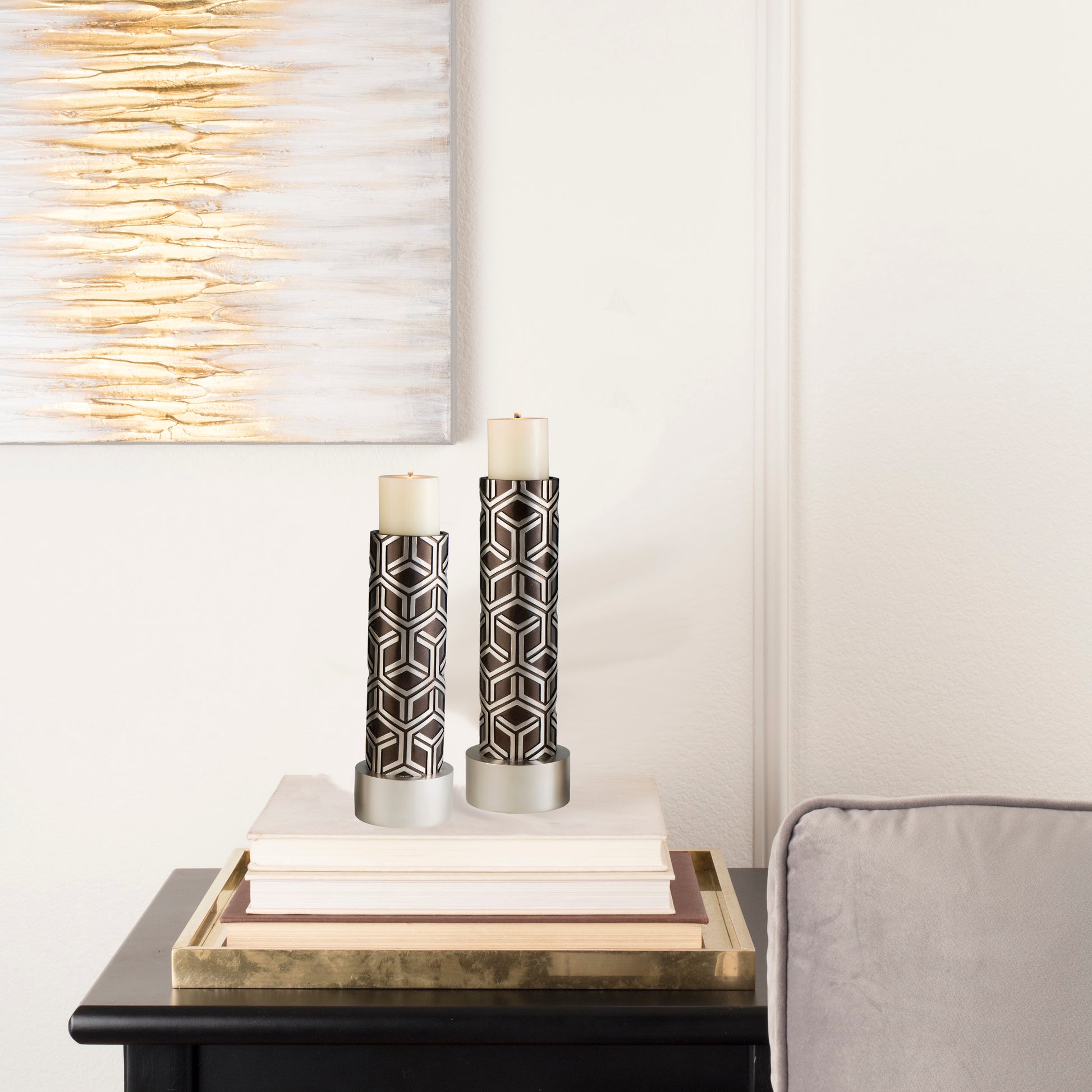 14" And 16" Tall Polyresin Candleholder, Espresso And Silver Finish Set Of 2 Multicolor Polyresin