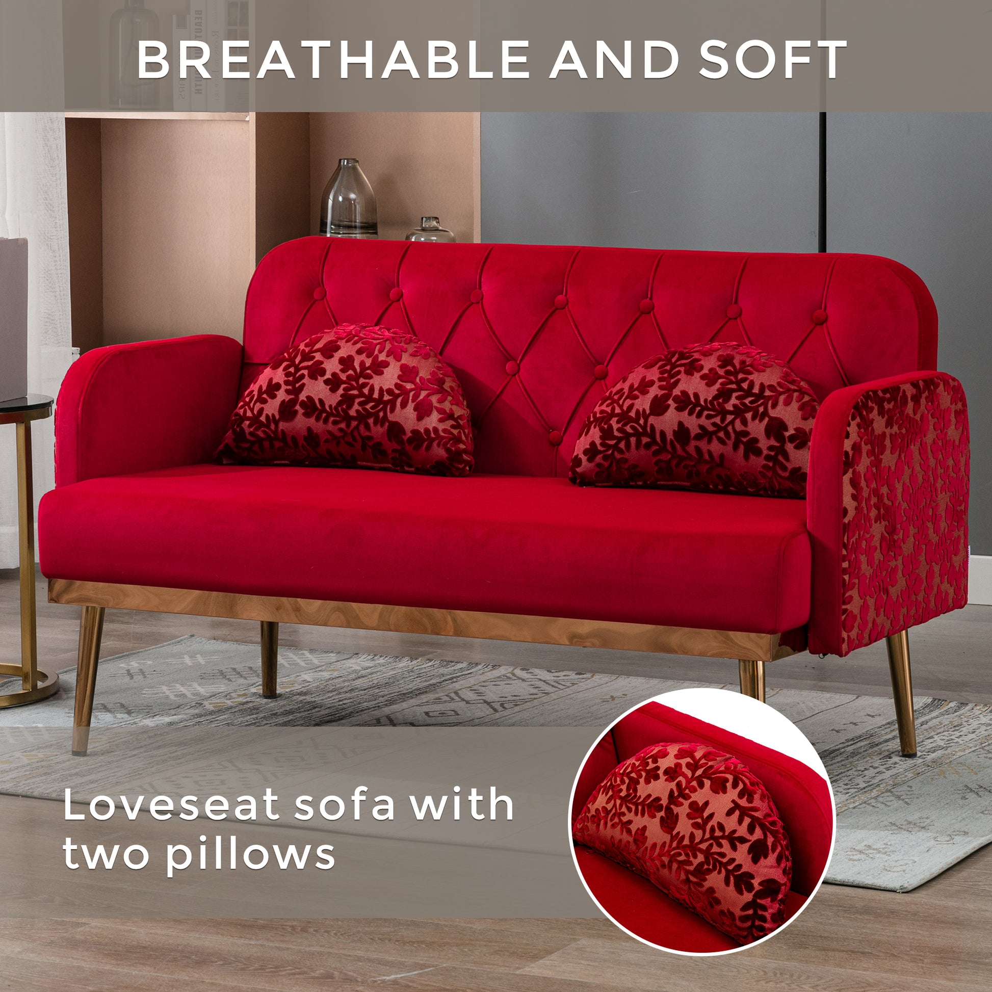 Coolmore Modern Velvet Loveseat Sofacomfy Upholstered 2 Seater Sofa With Gold Metal Legs, Small Loveseat Accent Couch For Living Bedroom Leisure Areas Red Velvet Red Foam Polyester 2 Seat
