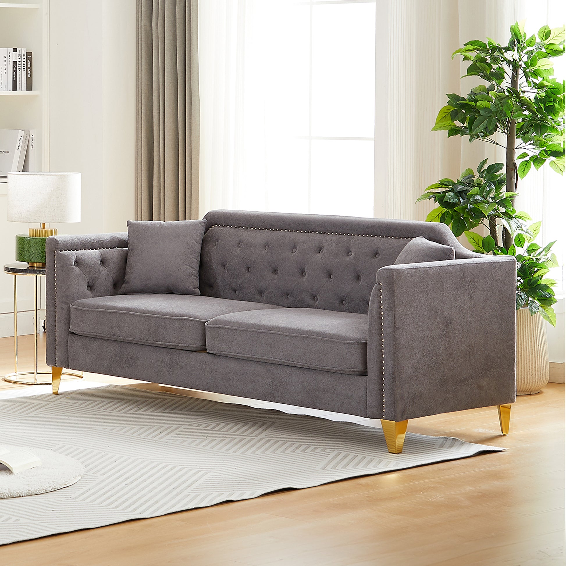 Fx 61.5"Mid Century Design Modern Sofa,Chenille Pull Buckle Design Sofa For Living Room,Buttons Tufted With Copper Nail Decoration Armrest, With 2 Pillows,Modern Couch Upholstered Button And Metal Leg Grey Chenille Wood Pine Foam Fabric 2 Seat